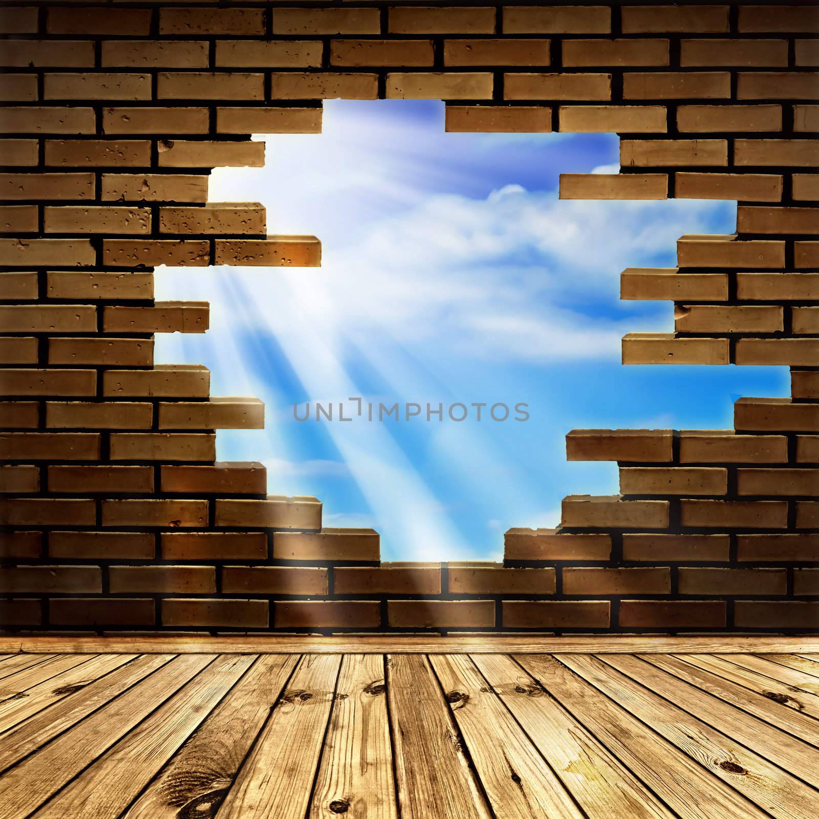 blue sky with sunlight  through the hole in the brick wall of room with wooden floor 