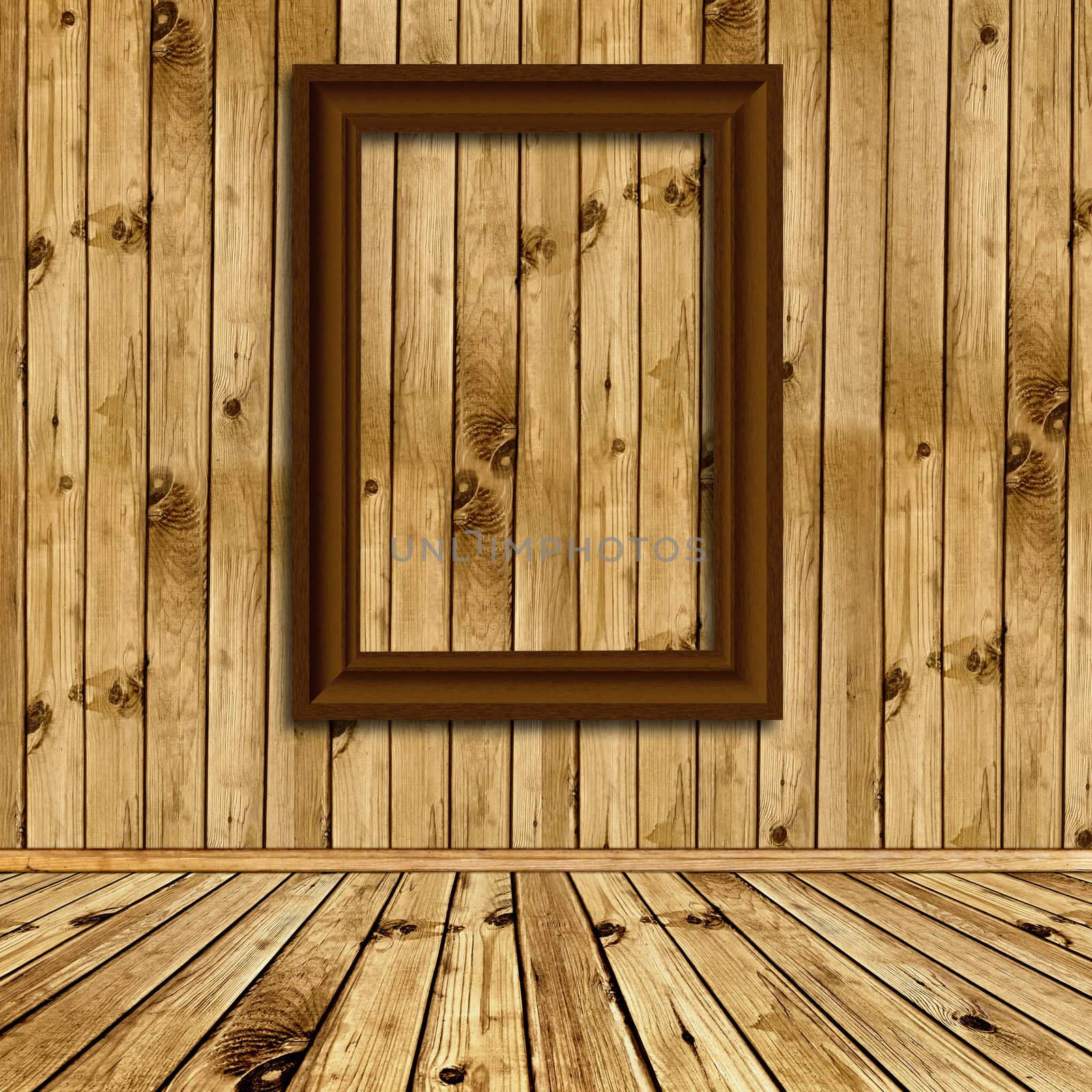Photo of empty natural wooden interior with empty frame at wall 