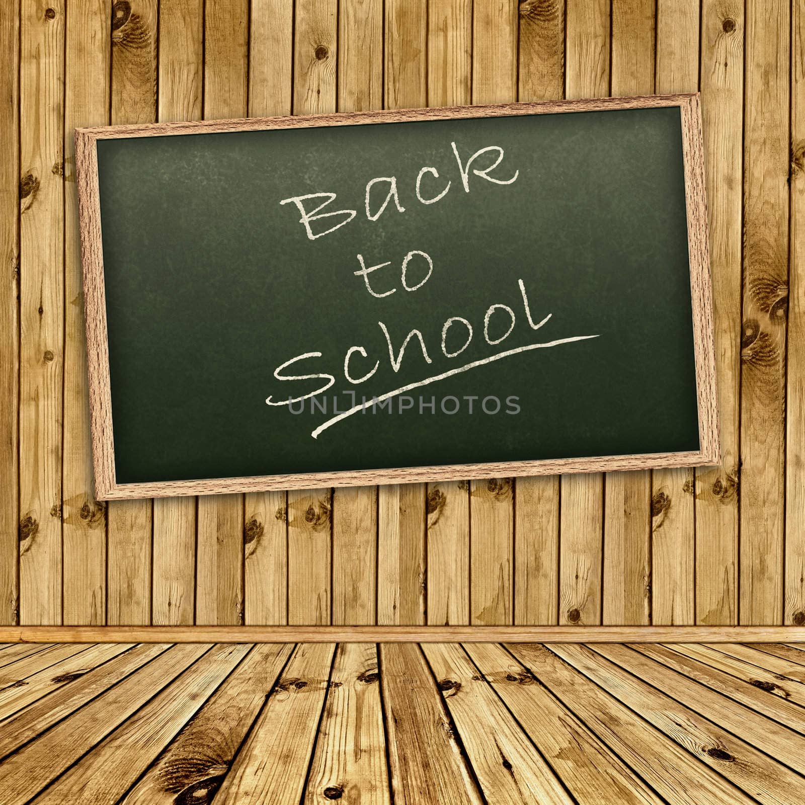 Empty school blackboard at wall in wooden interior 