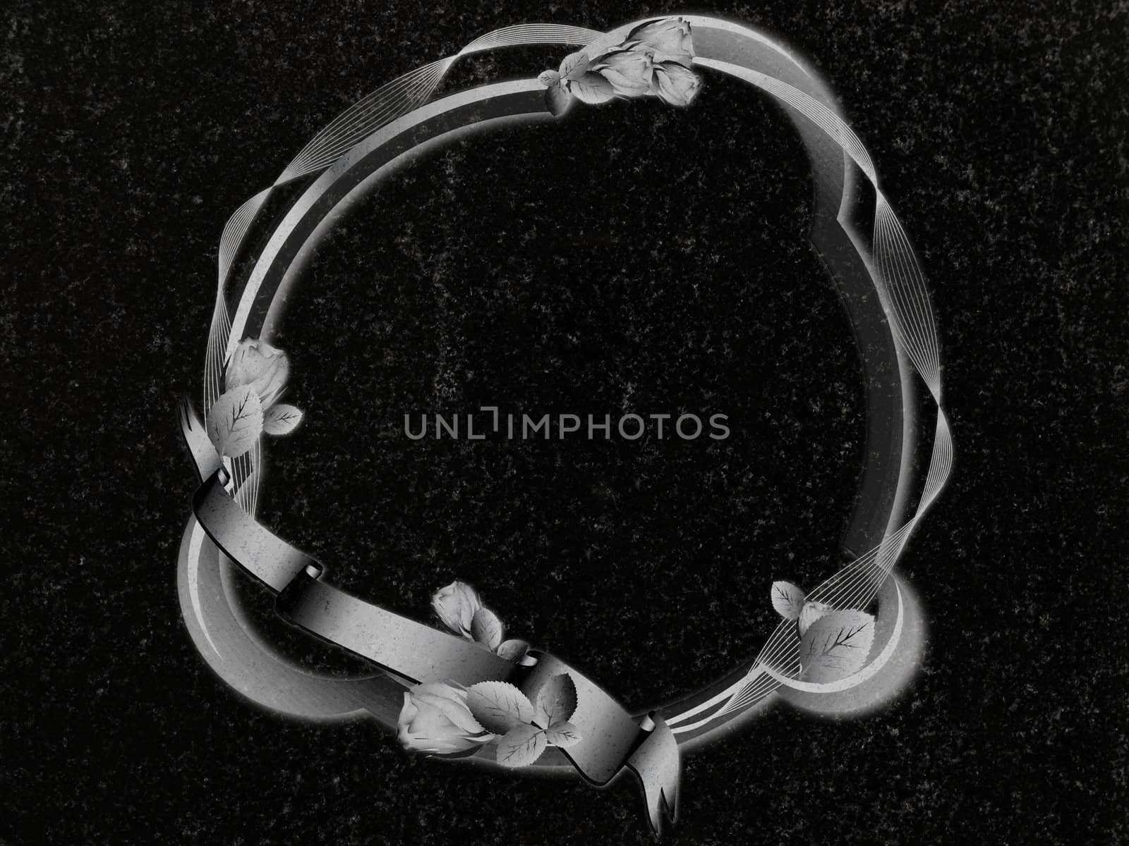 rose frame decoration at black granite gravestone, copyspace 