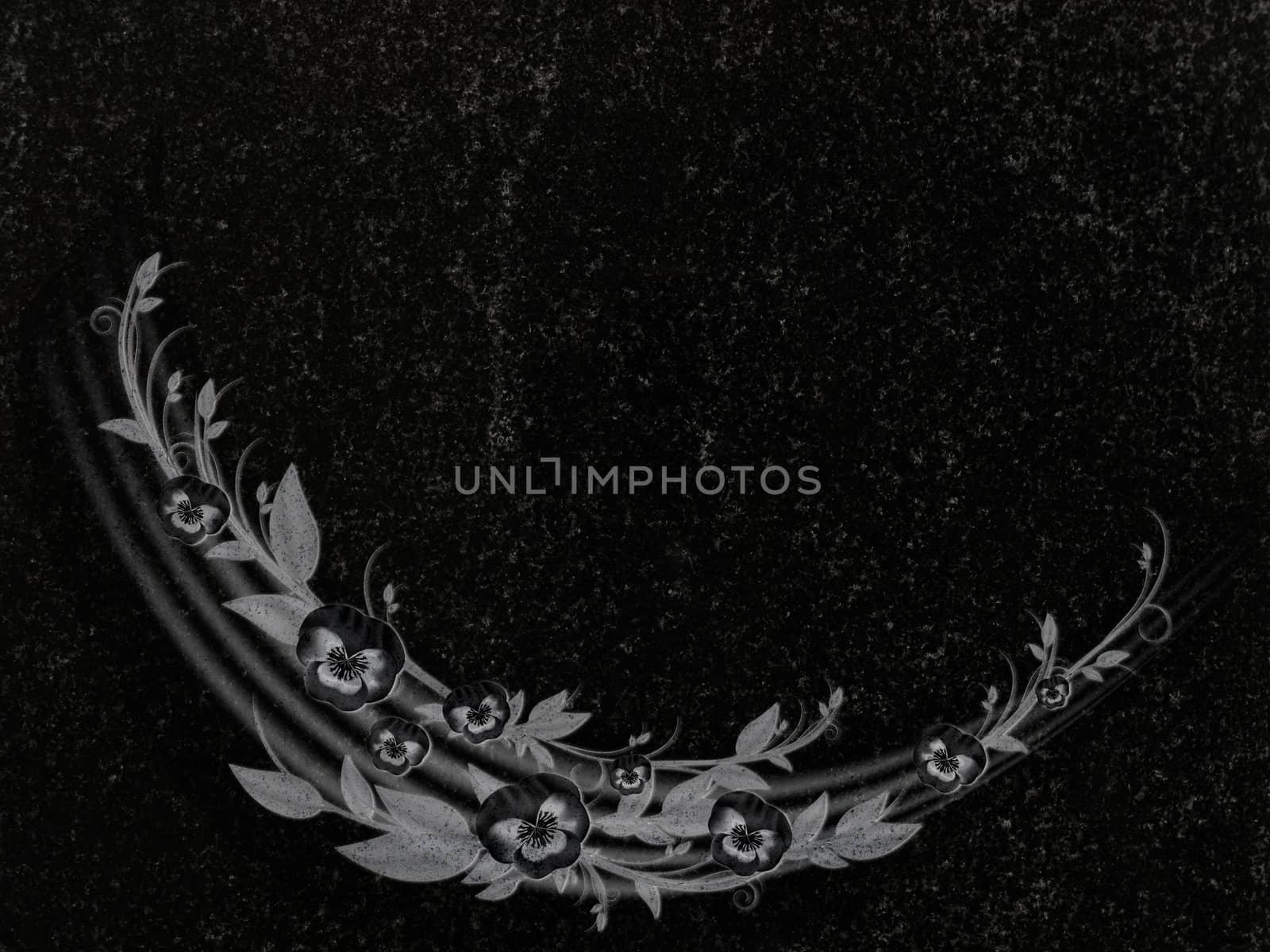 flower decoration at black granite gravestone, copyspace 