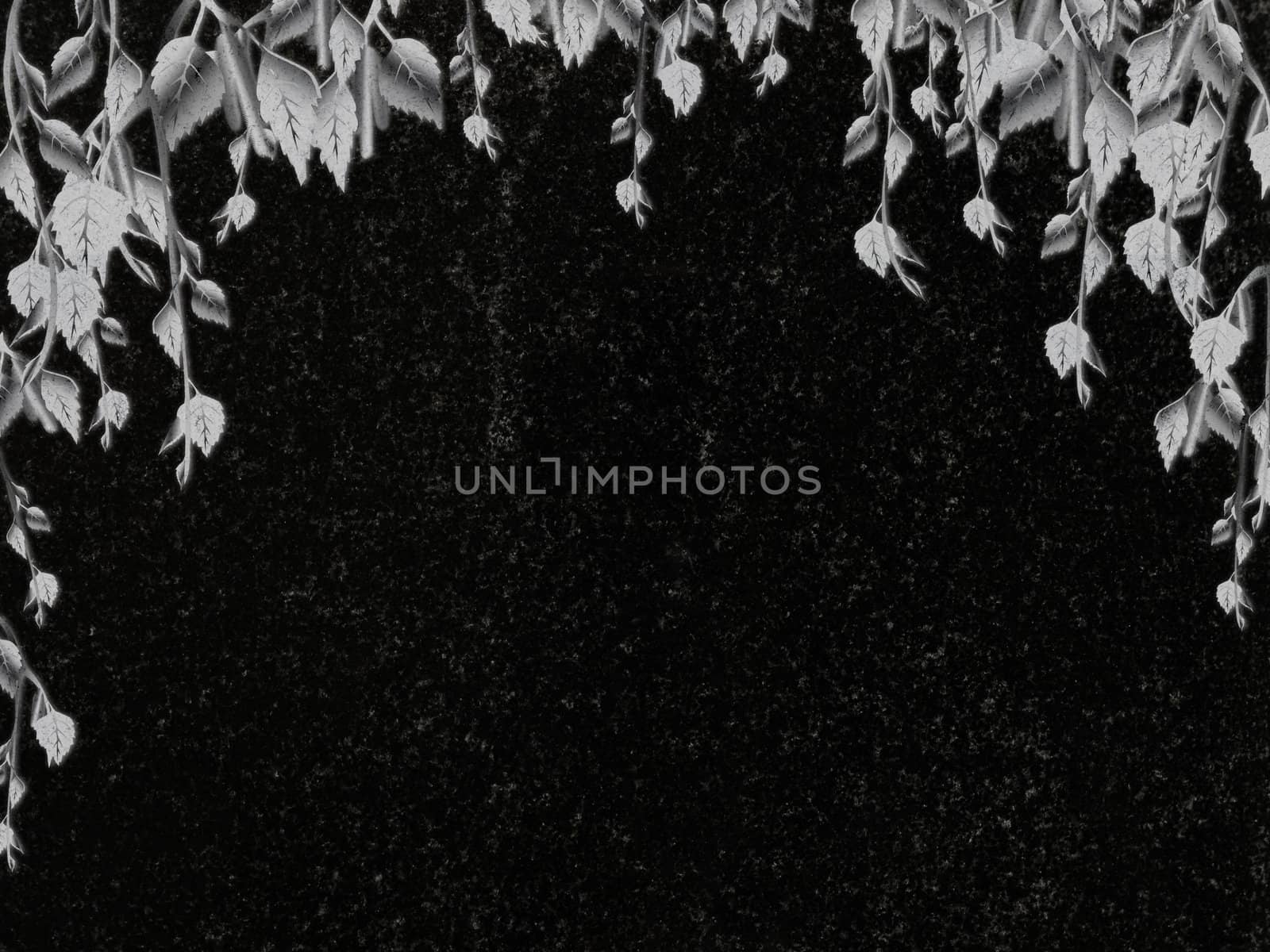 birch decoration at black granite gravestone, copyspace 