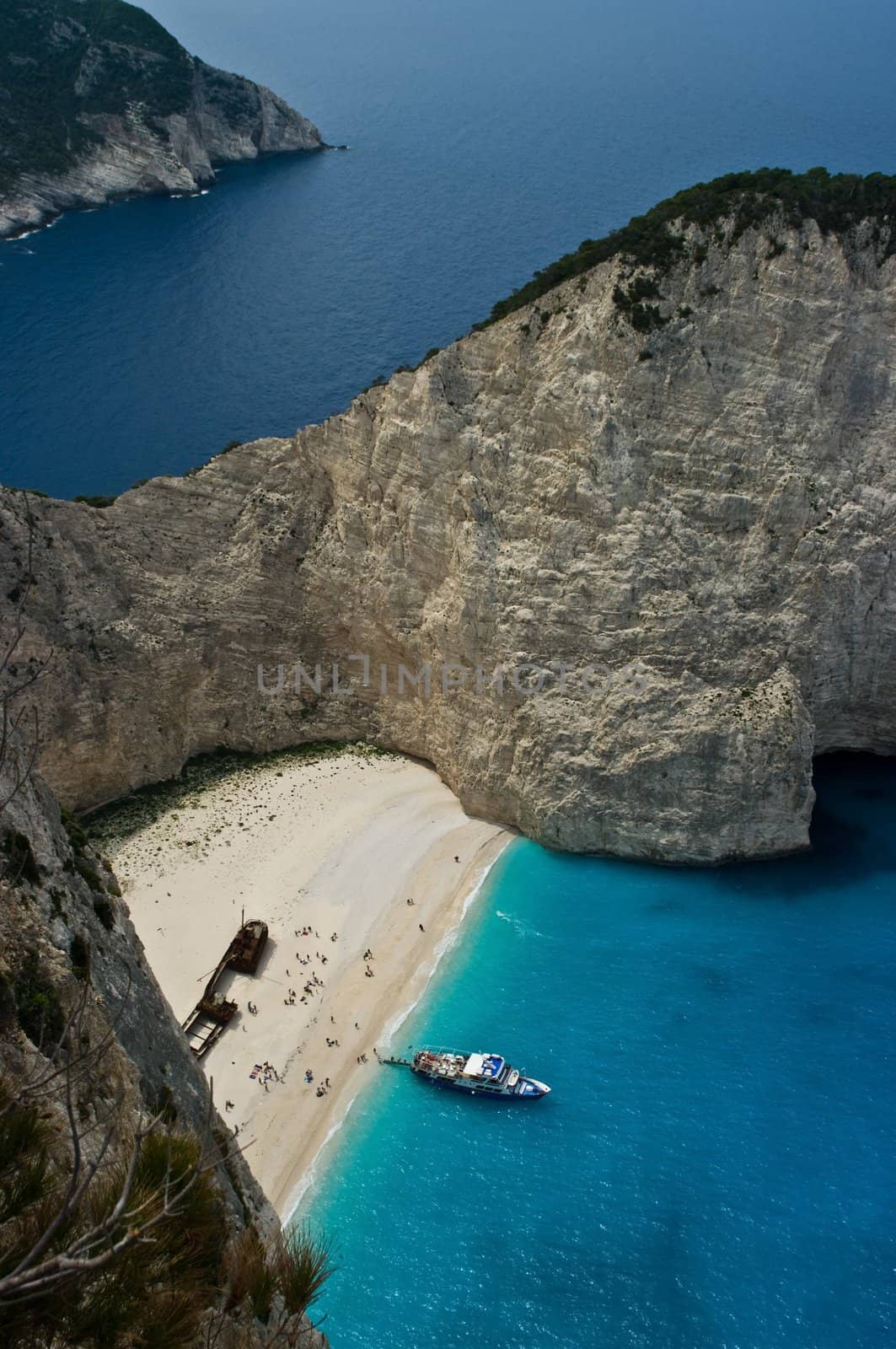 Navagio Beach, or the Shipwreck Bay,  an isolated sandy cove on Zakynthos Island - one of the most famous beaches in Greece.