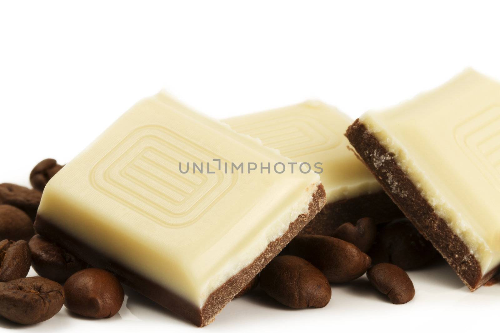 coffee chocolate and coffee beans on white background