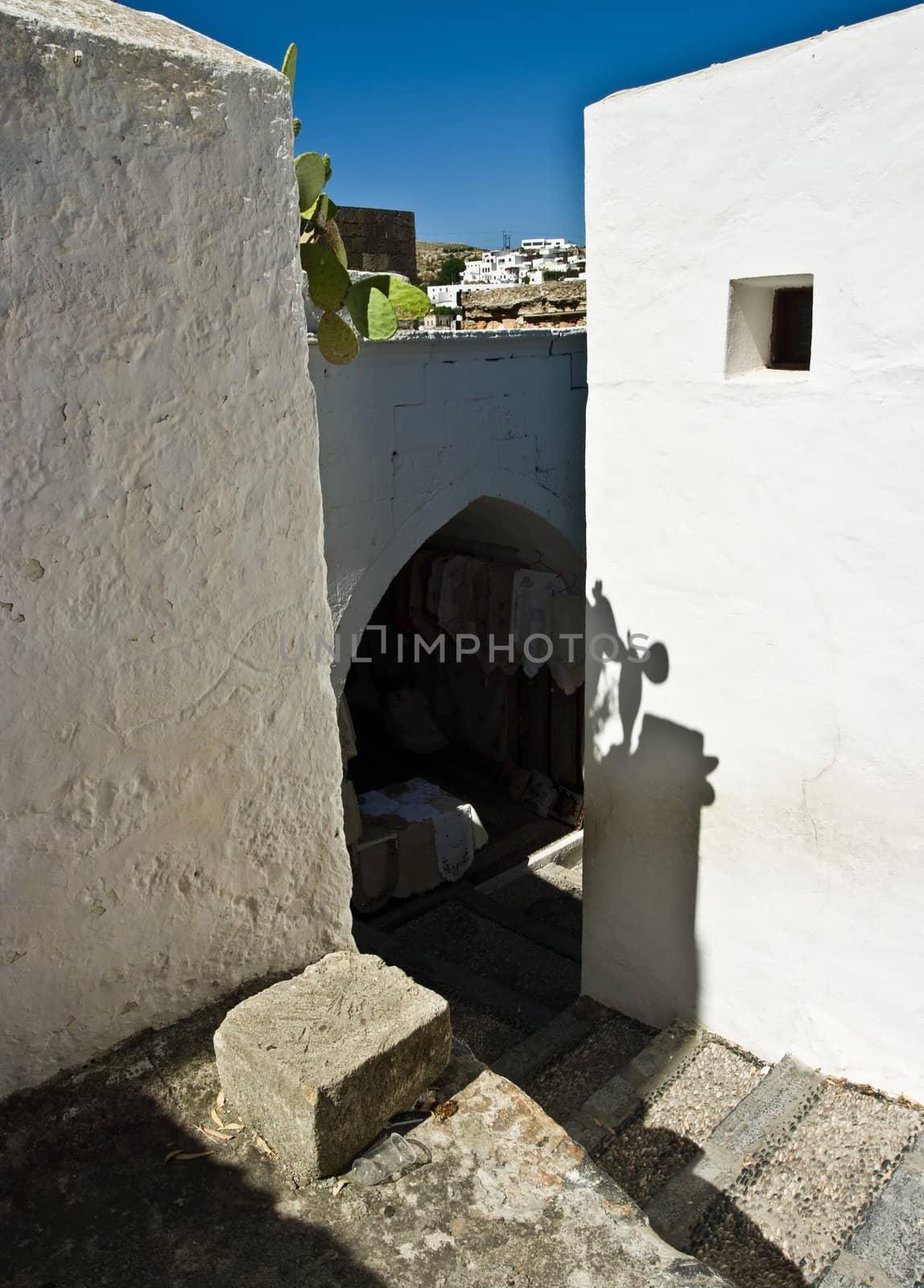 Steep passages of Lindos on Rhodes Island, Greece.