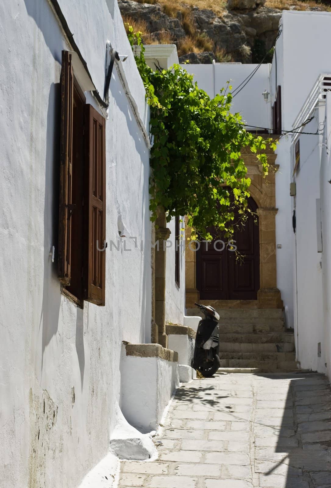 Steep passages of Lindos on Rhodes Island, Greece.