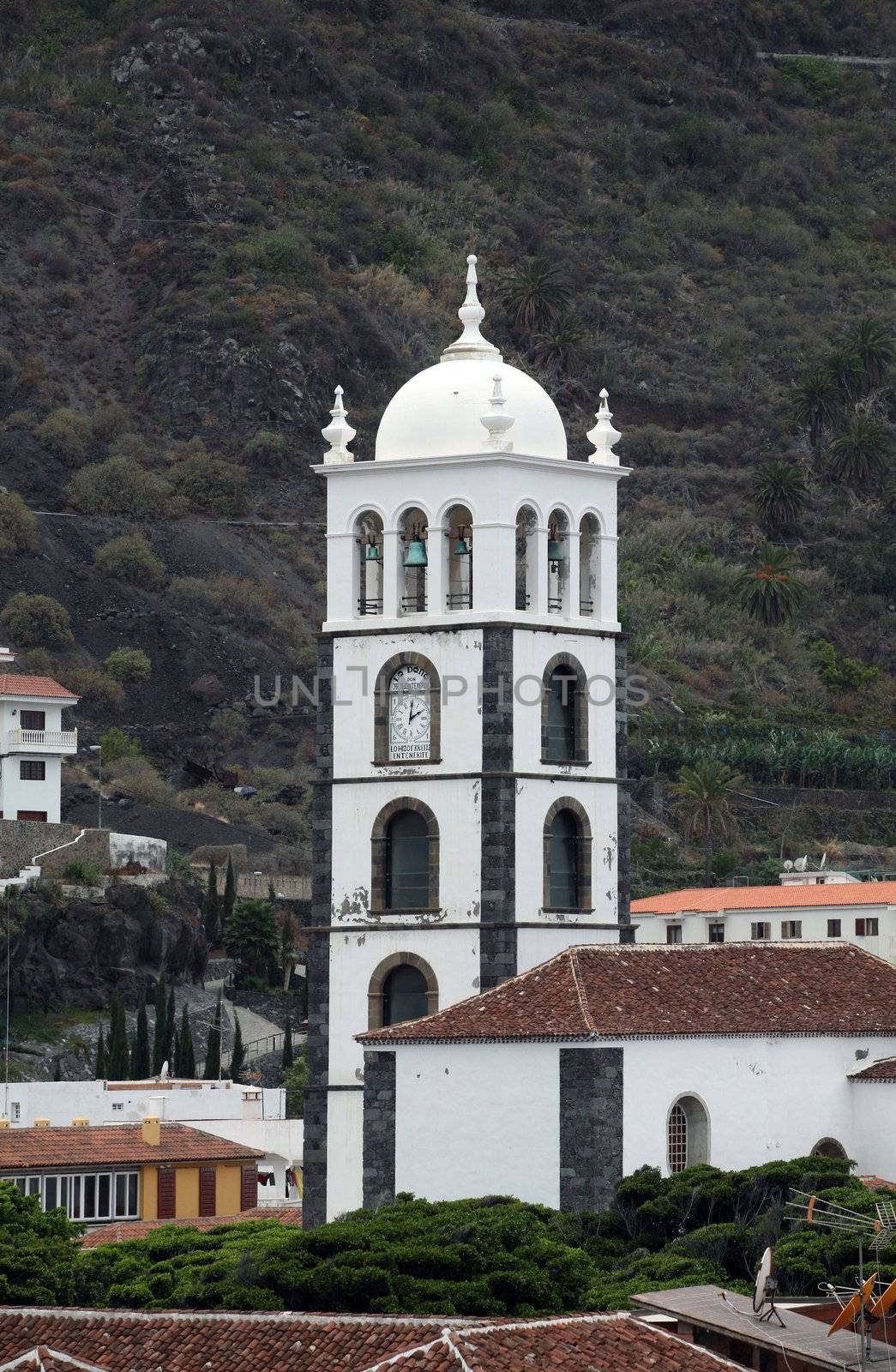 Panorama with church tower in Garachico on Canary island Tenerife