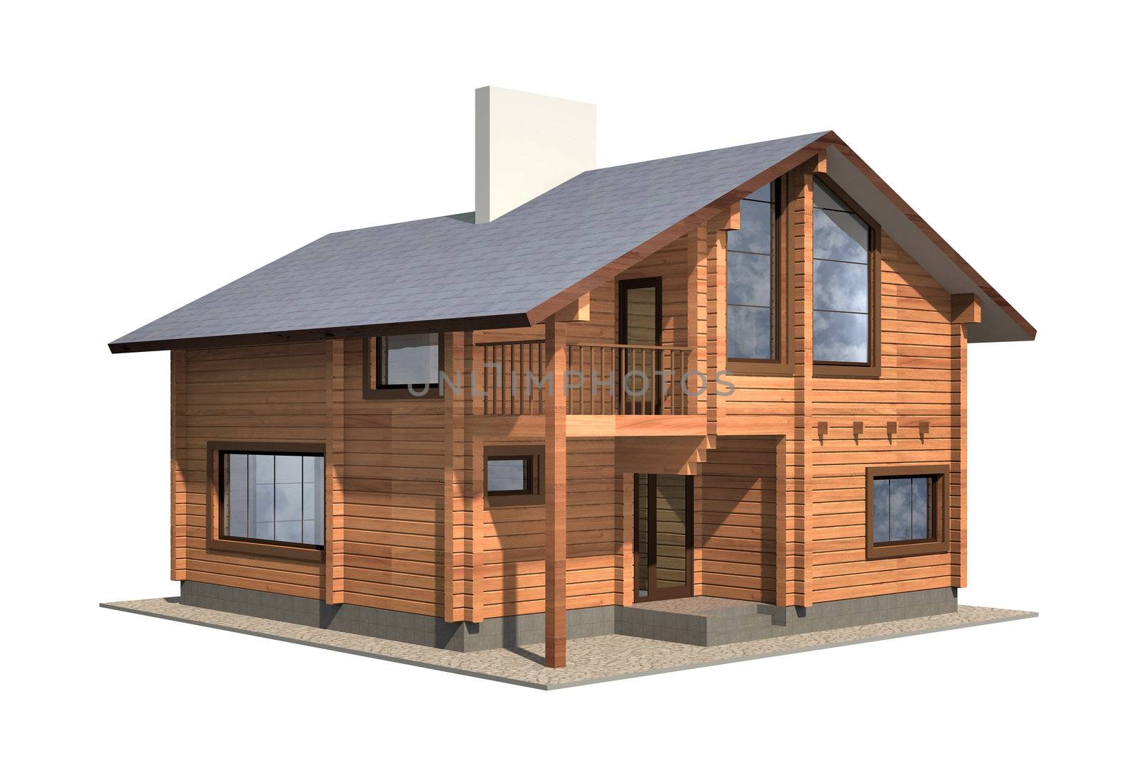 Residential house of wooden timber. 3d model render. Isolation on white background. Real estate