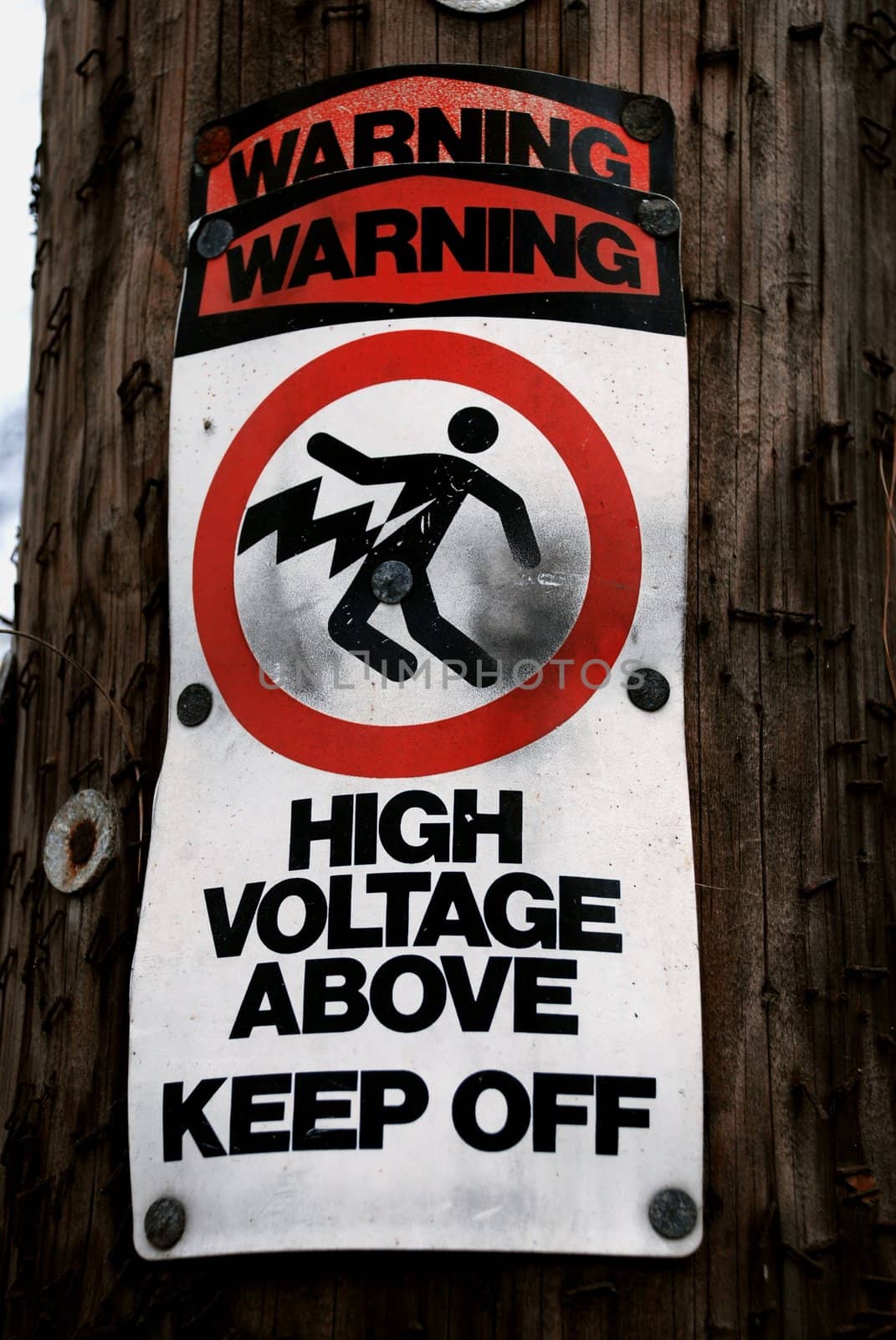 High Voltage Warning Sign posted on a telephone pole