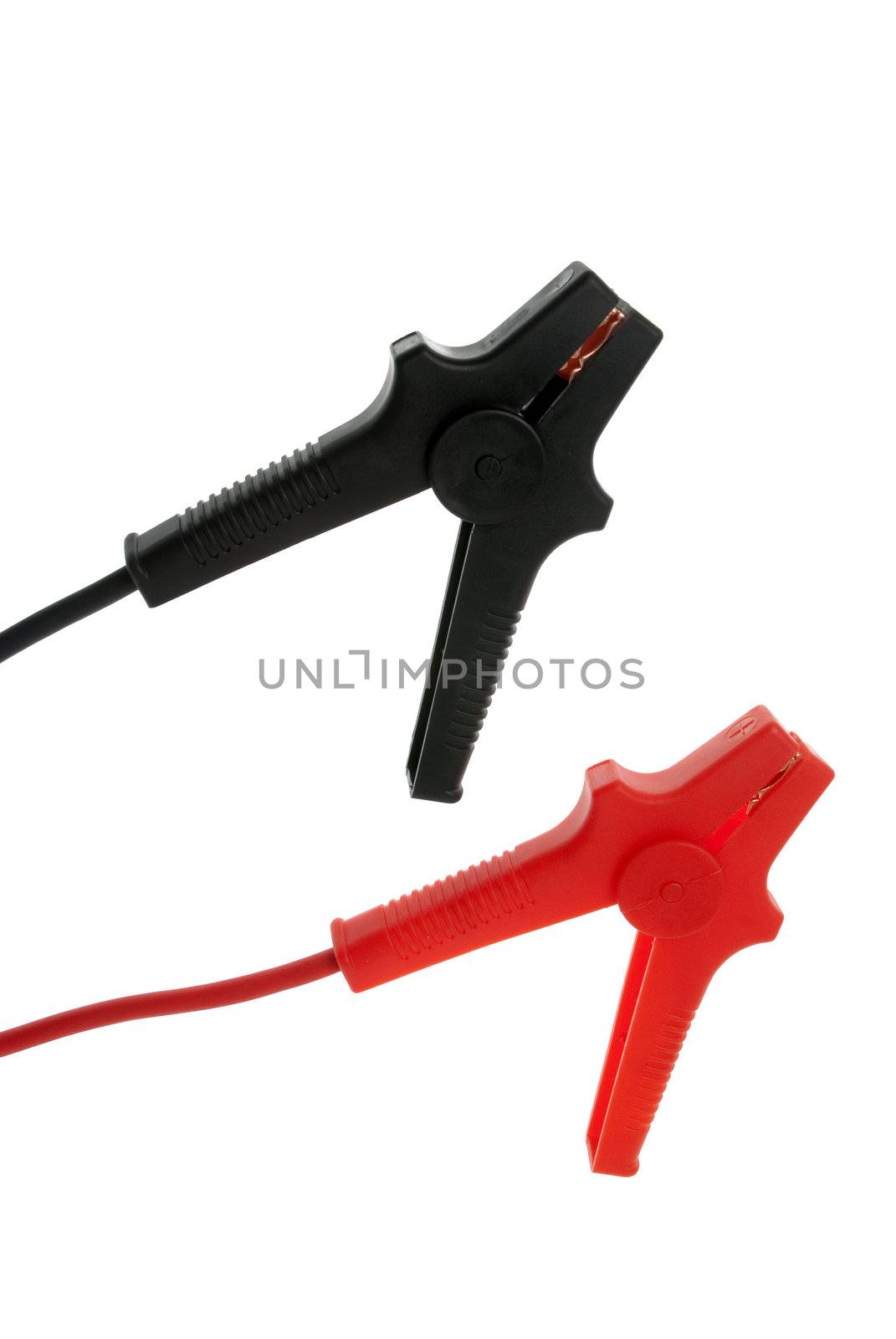 Red and black battery cables isolated on white background.