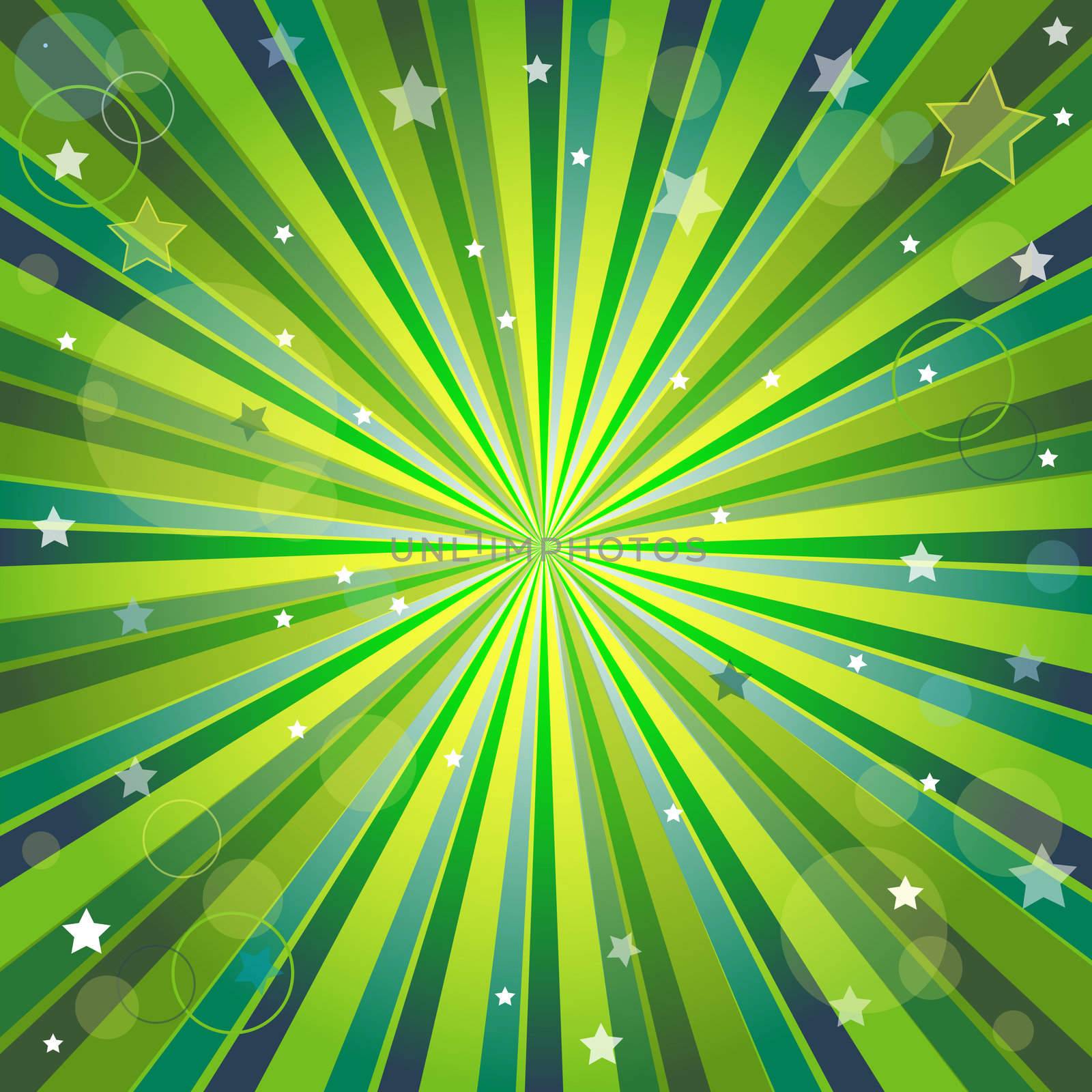 Abstract green and yellow background with rays, stars and balls 