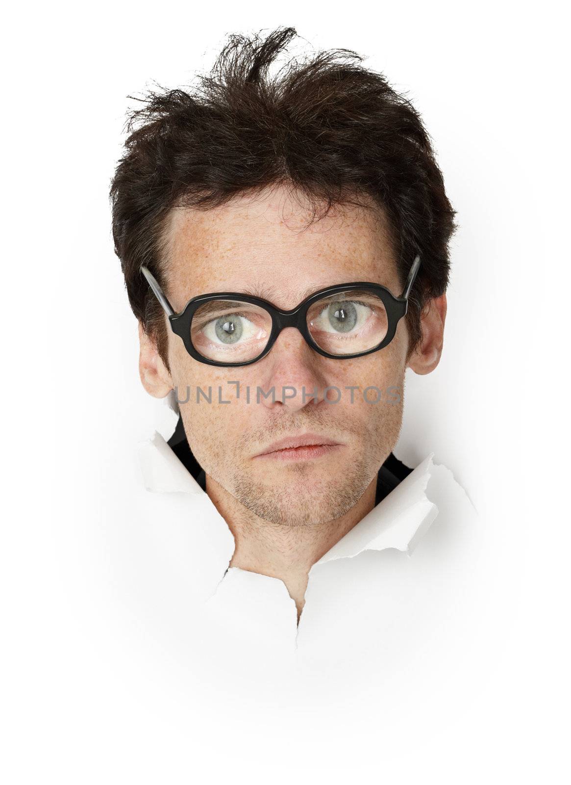 Funny man in an old-fashioned spectacles - head in the paper