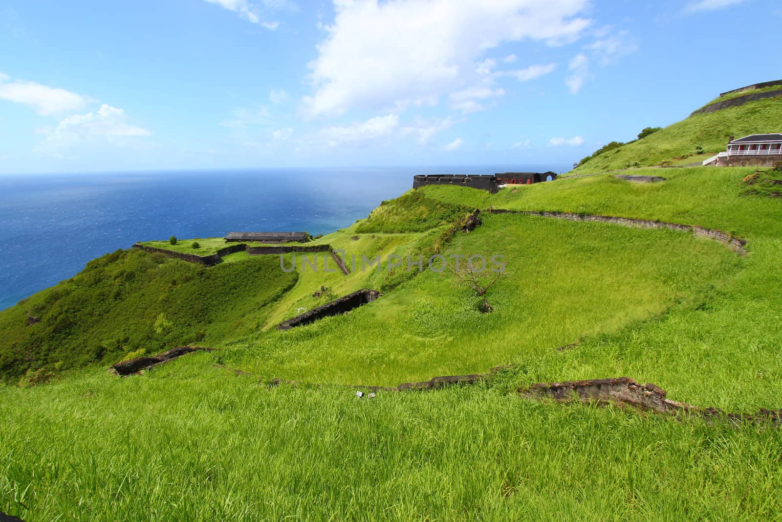 The coastline at Brimstone Hill Fortress on the Caribbean island of Saint Kitts.