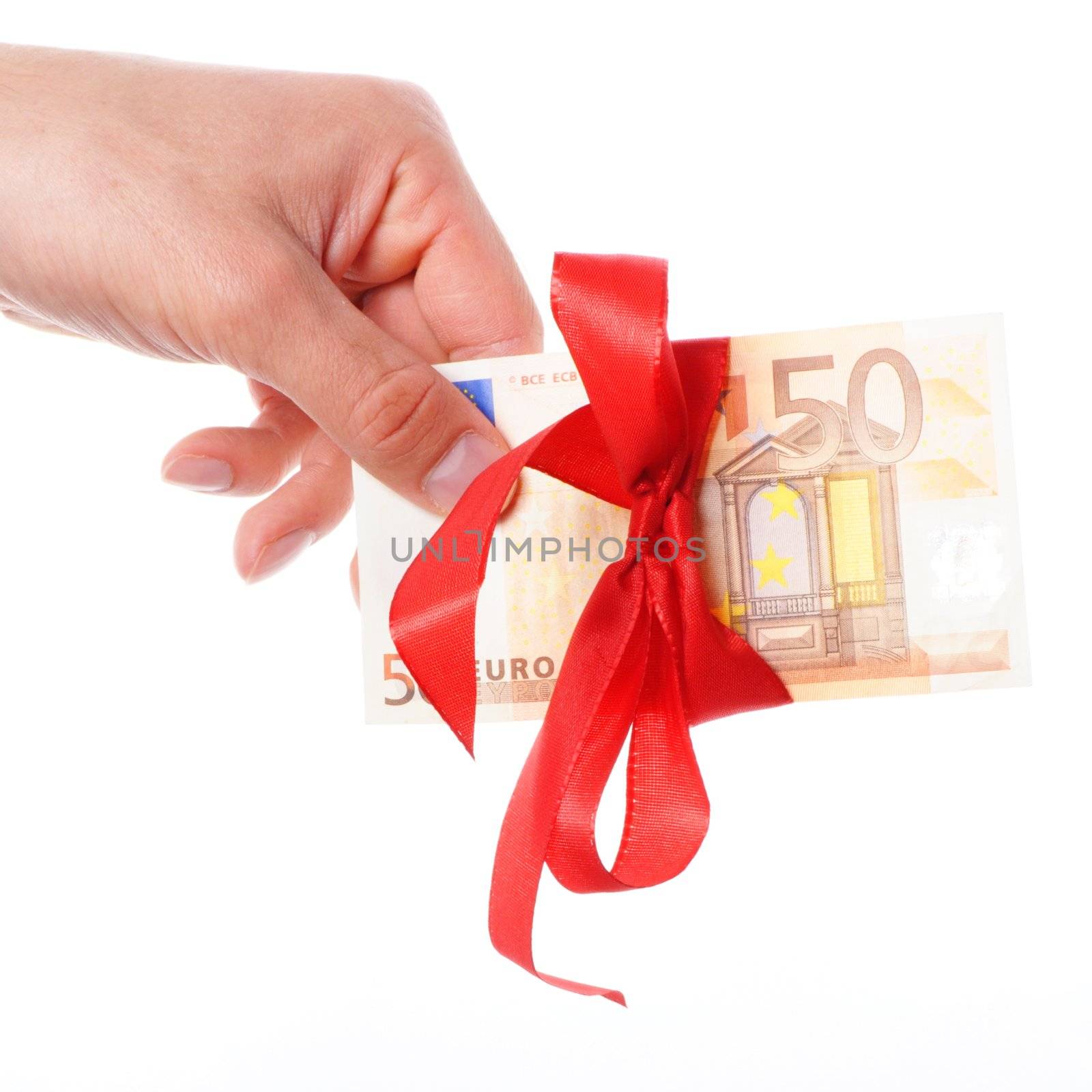 euro money with red ribbon showing gift concept