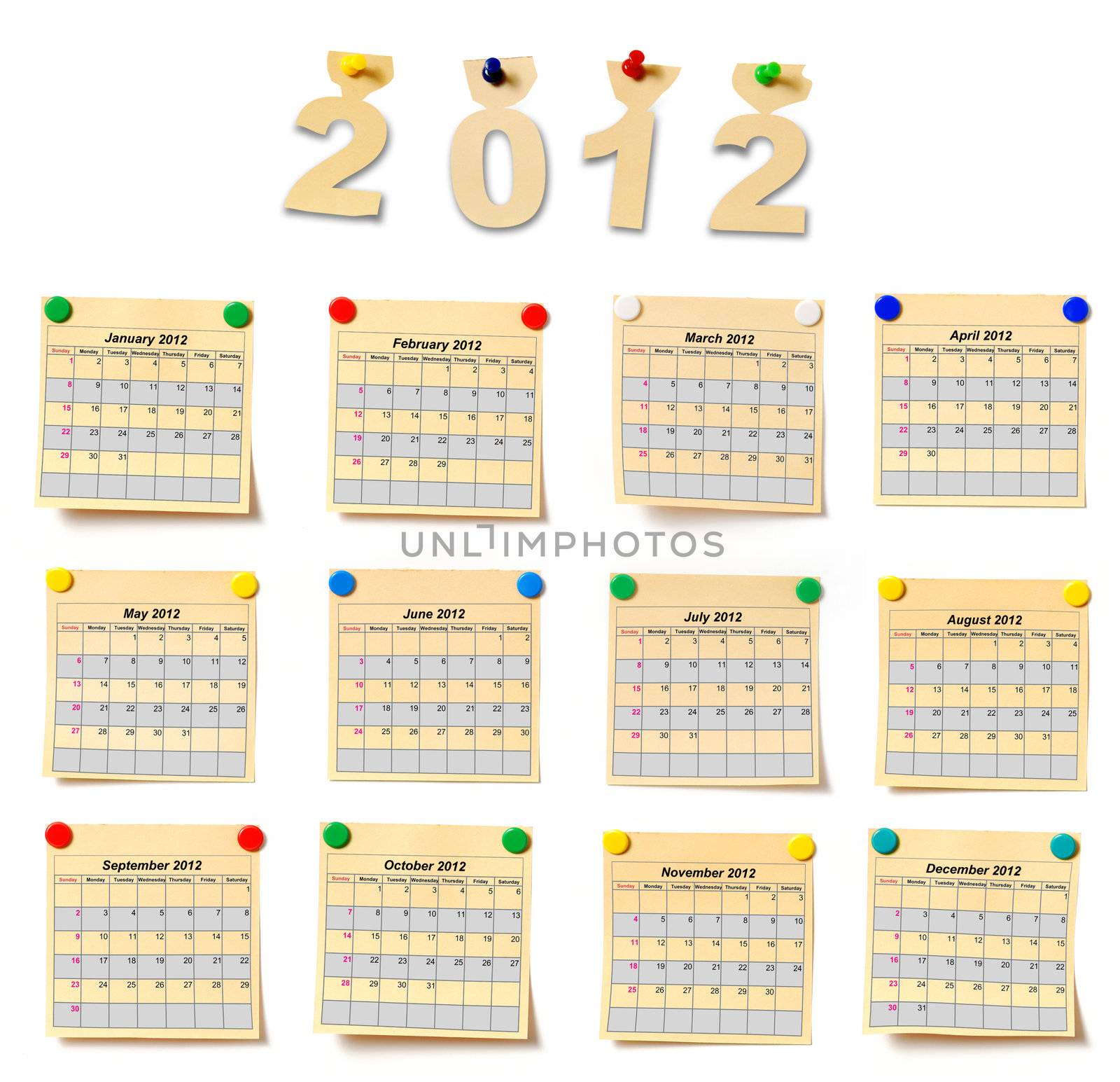 calendar on set note 2012. Paper a note attached to a wall buttons, it is isolated on a white background