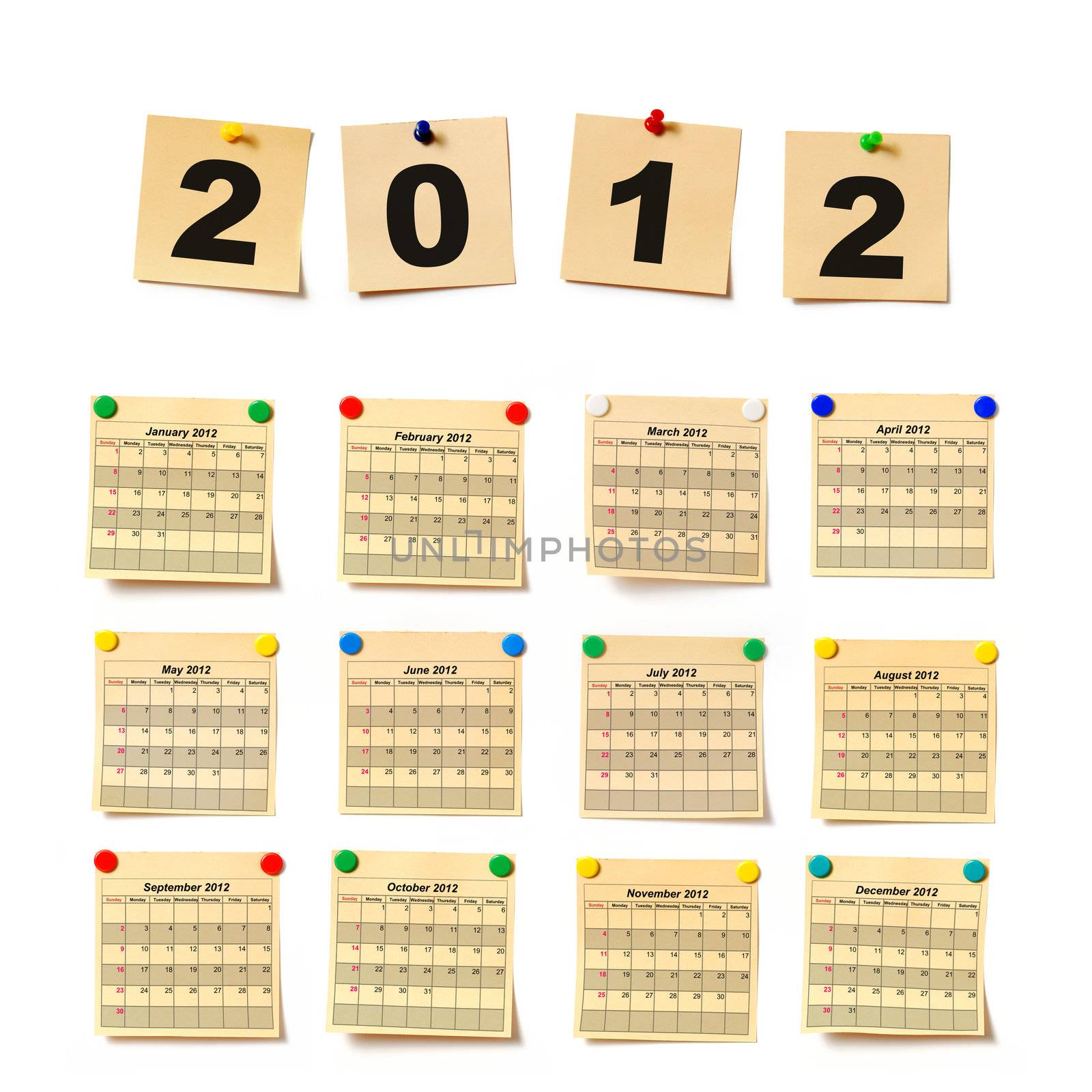 calendar on set note 2012. Paper a note attached to a wall buttons, it is isolated on a white background