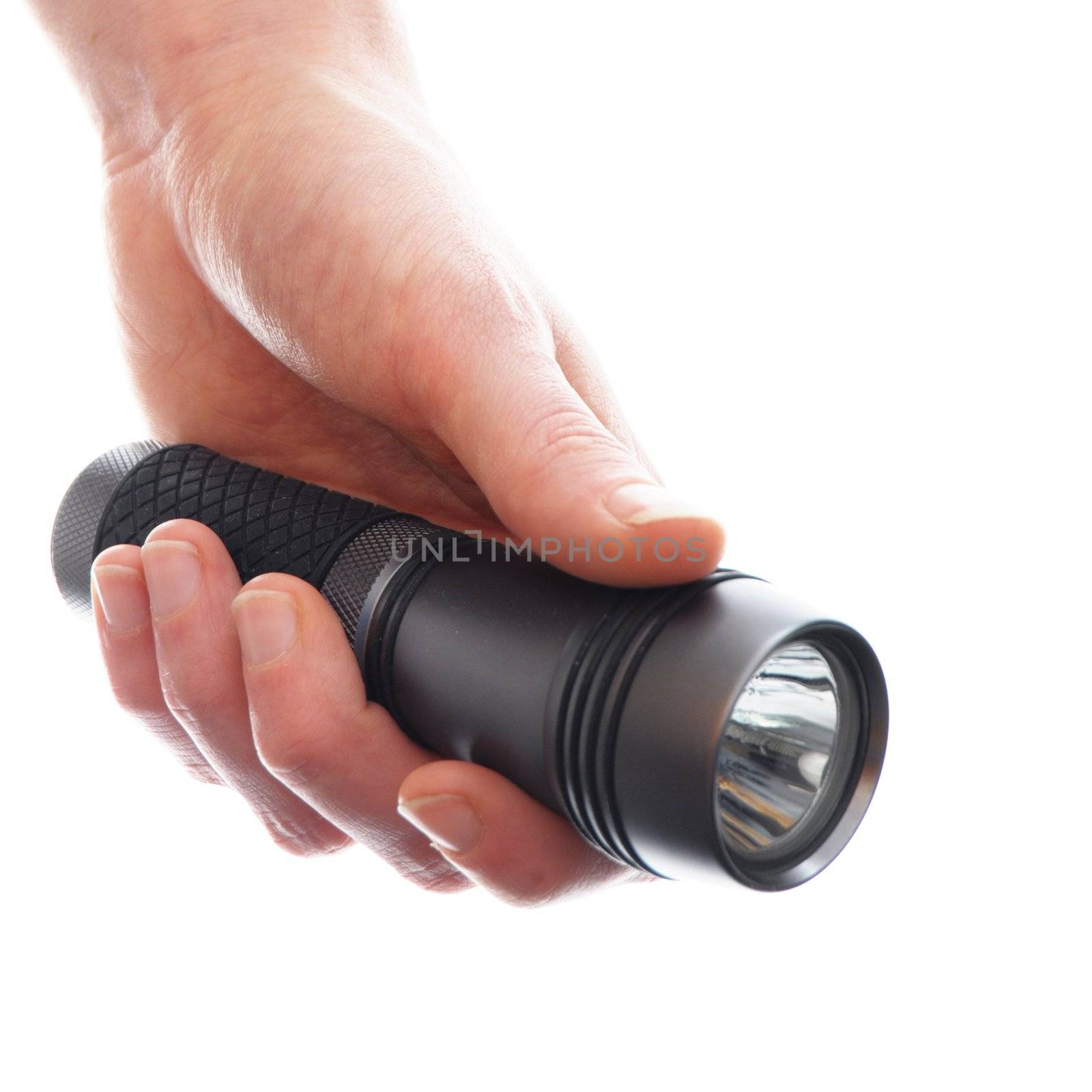 hand holding flashlight isolated on a white background