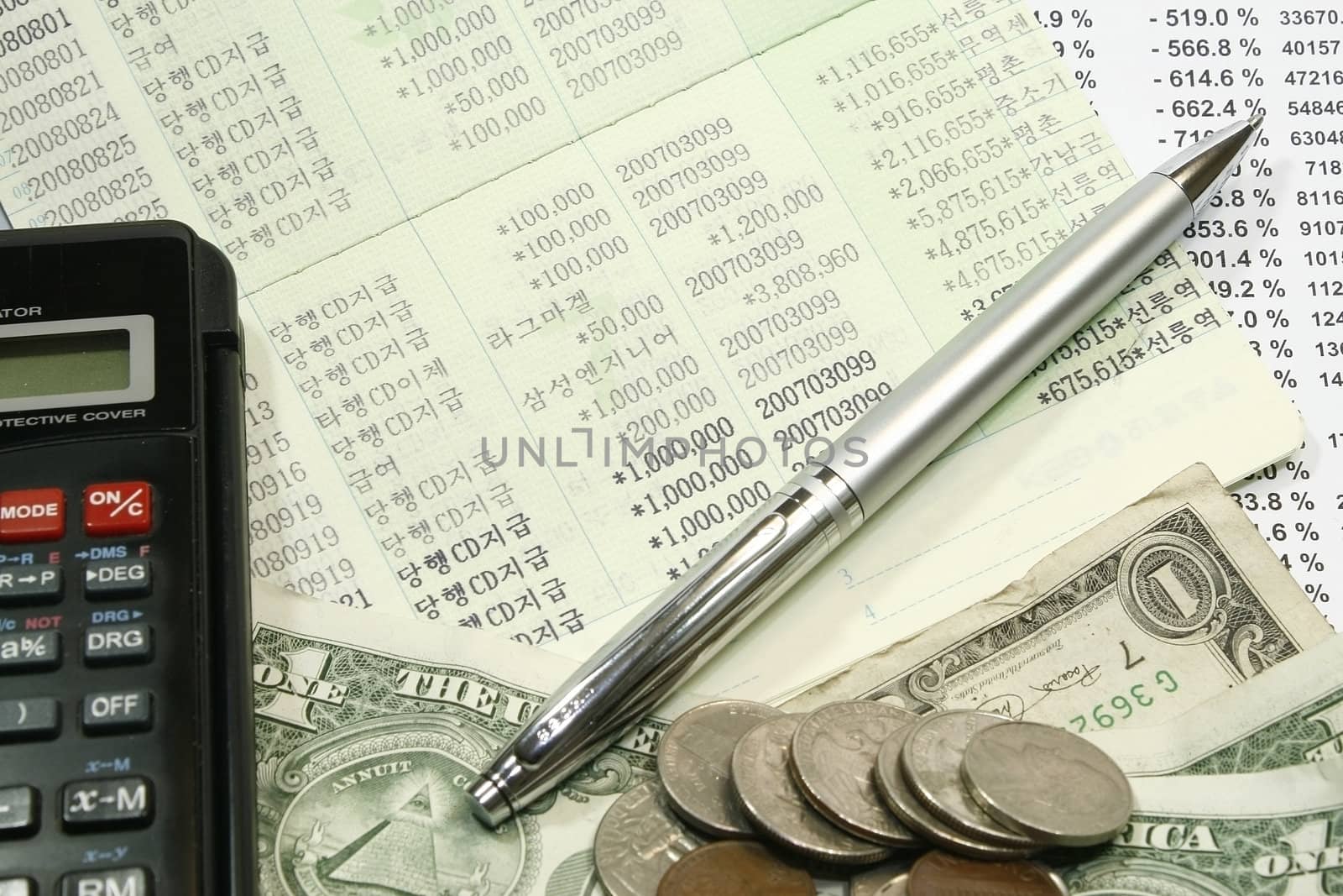 close-up photo of coins and paper money and making business calculations with percentages