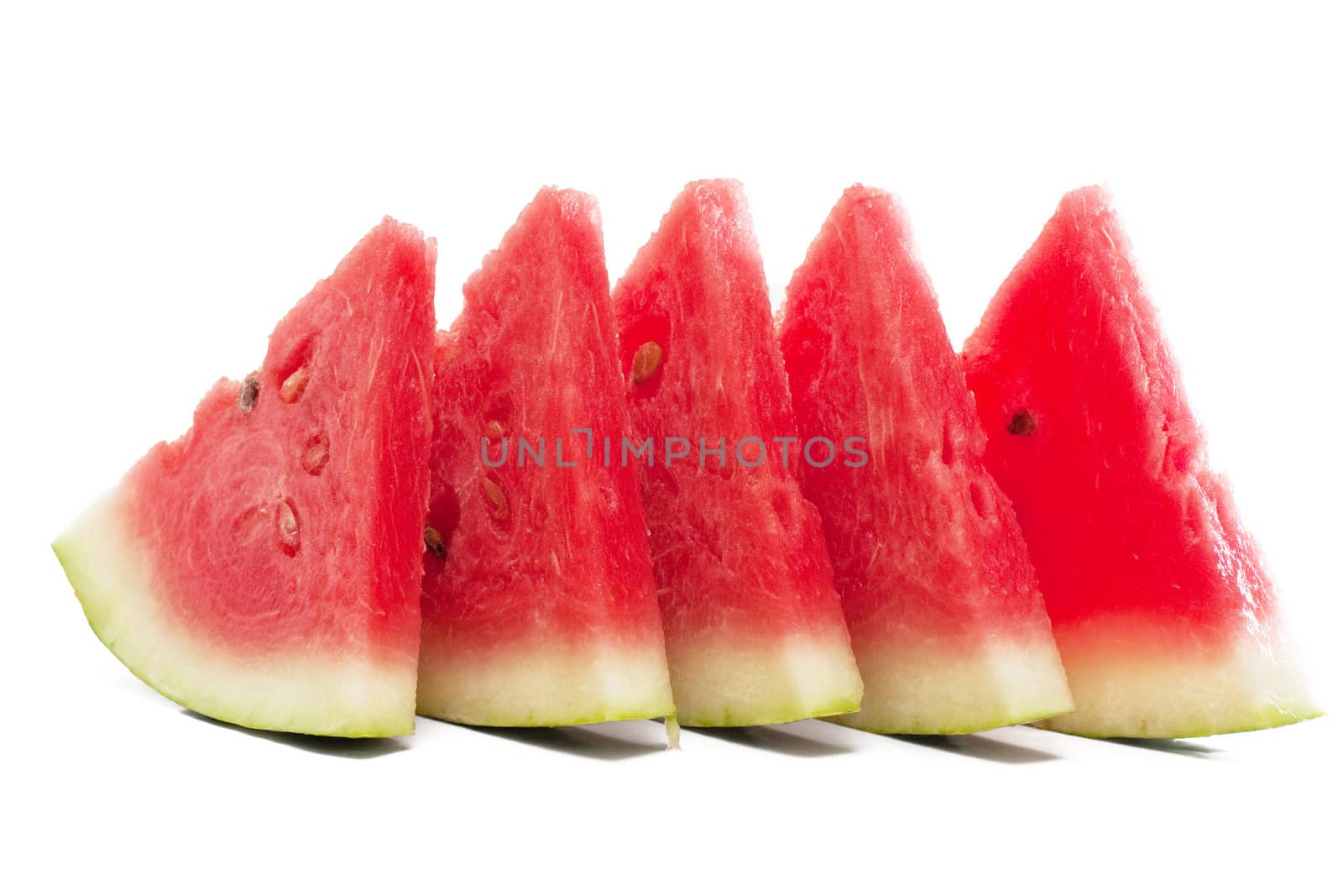 Five pieces of watermelon isolated over white.