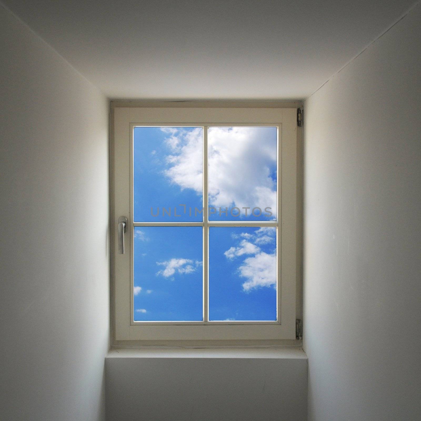 window and blue sky showing freedom concept with copyspace
