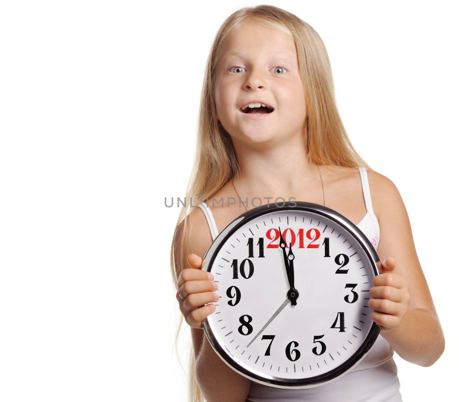 The girl hold in hands a big clock with figures 2012. It is isolated on a white background