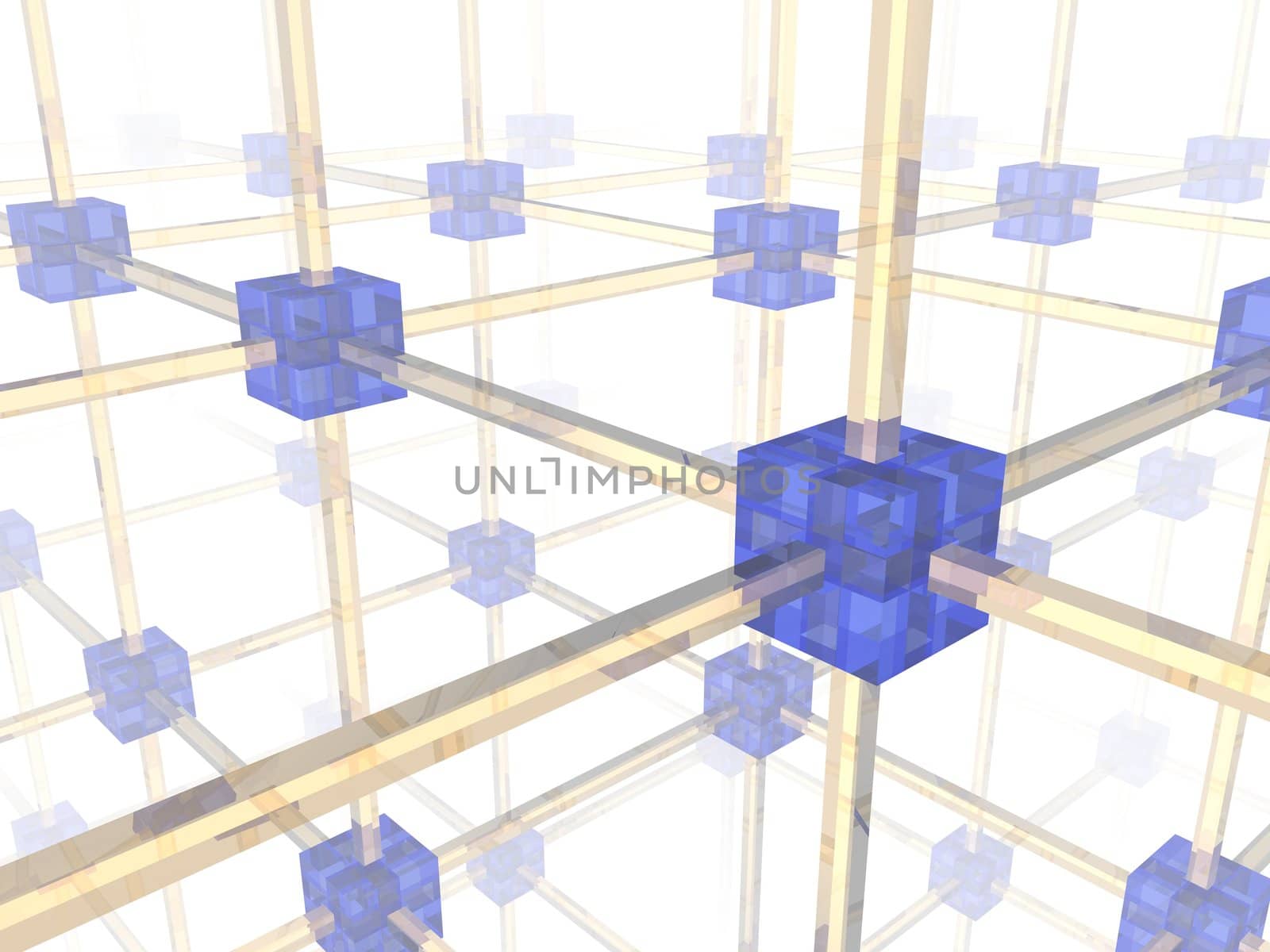 Network of connected blue nodes. 3d illustration.