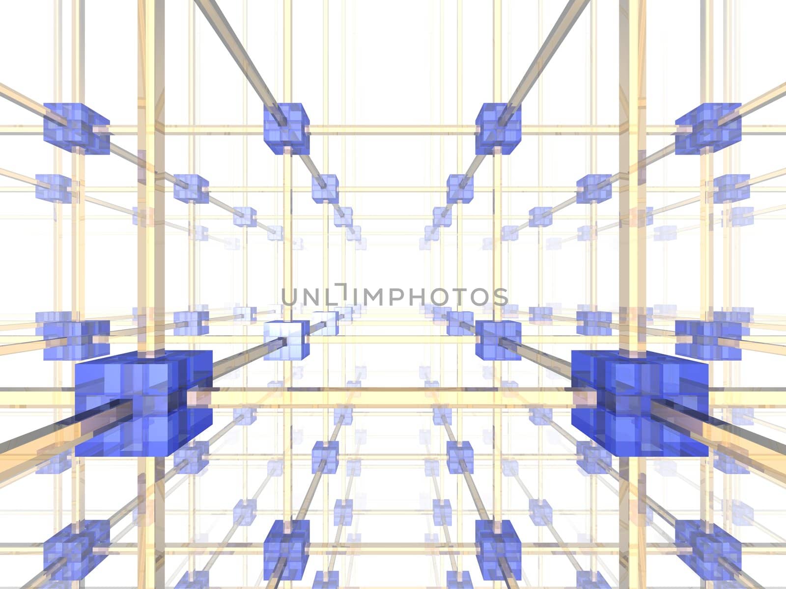 Network of connected blue nodes. 3d illustration.