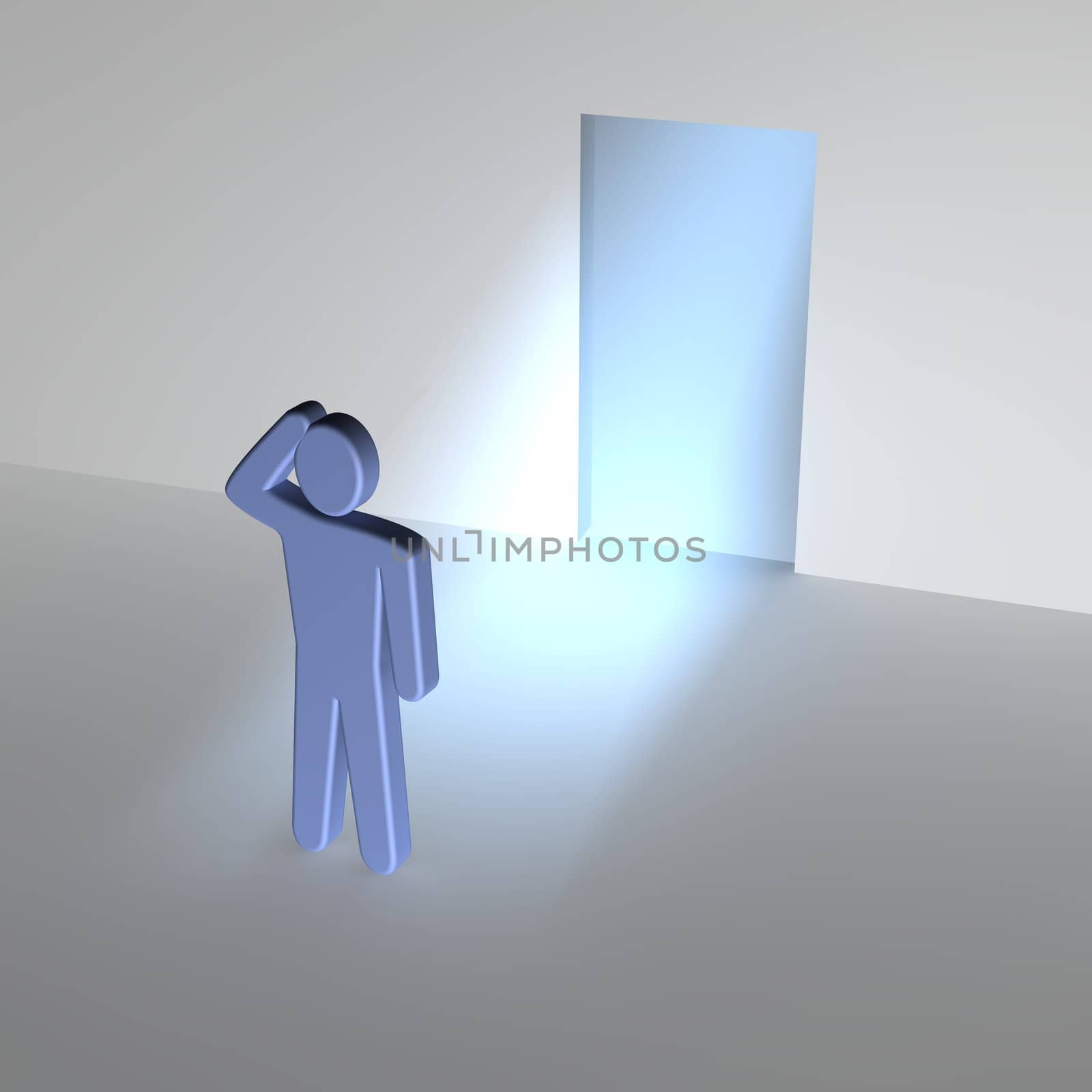 Man thinking about entrance to unknown. 3d rendered illustration.