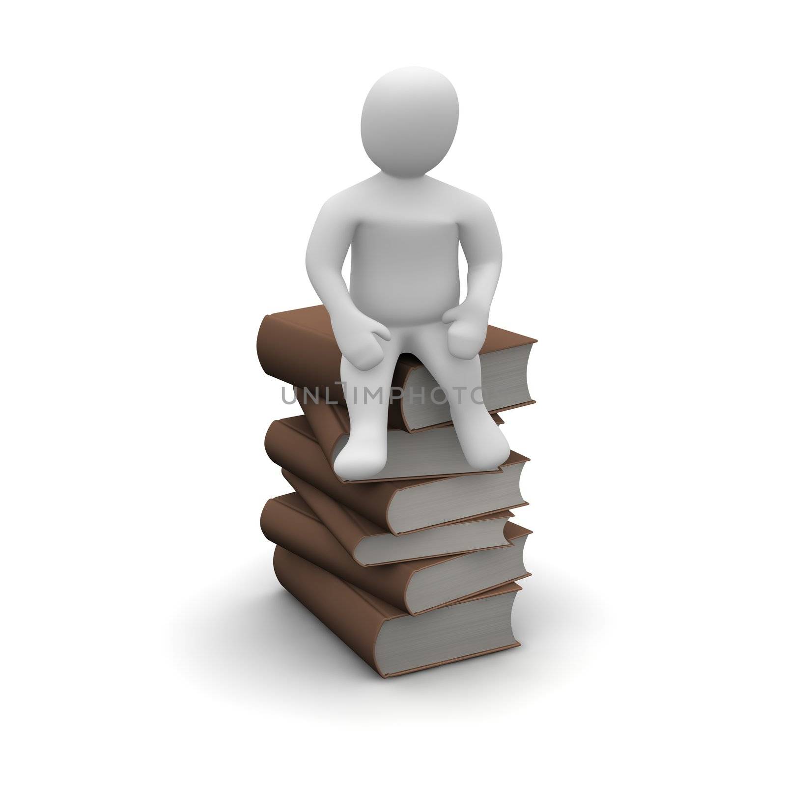 Man sitting on stack of brown hardcover books. 3d rendered illustration.