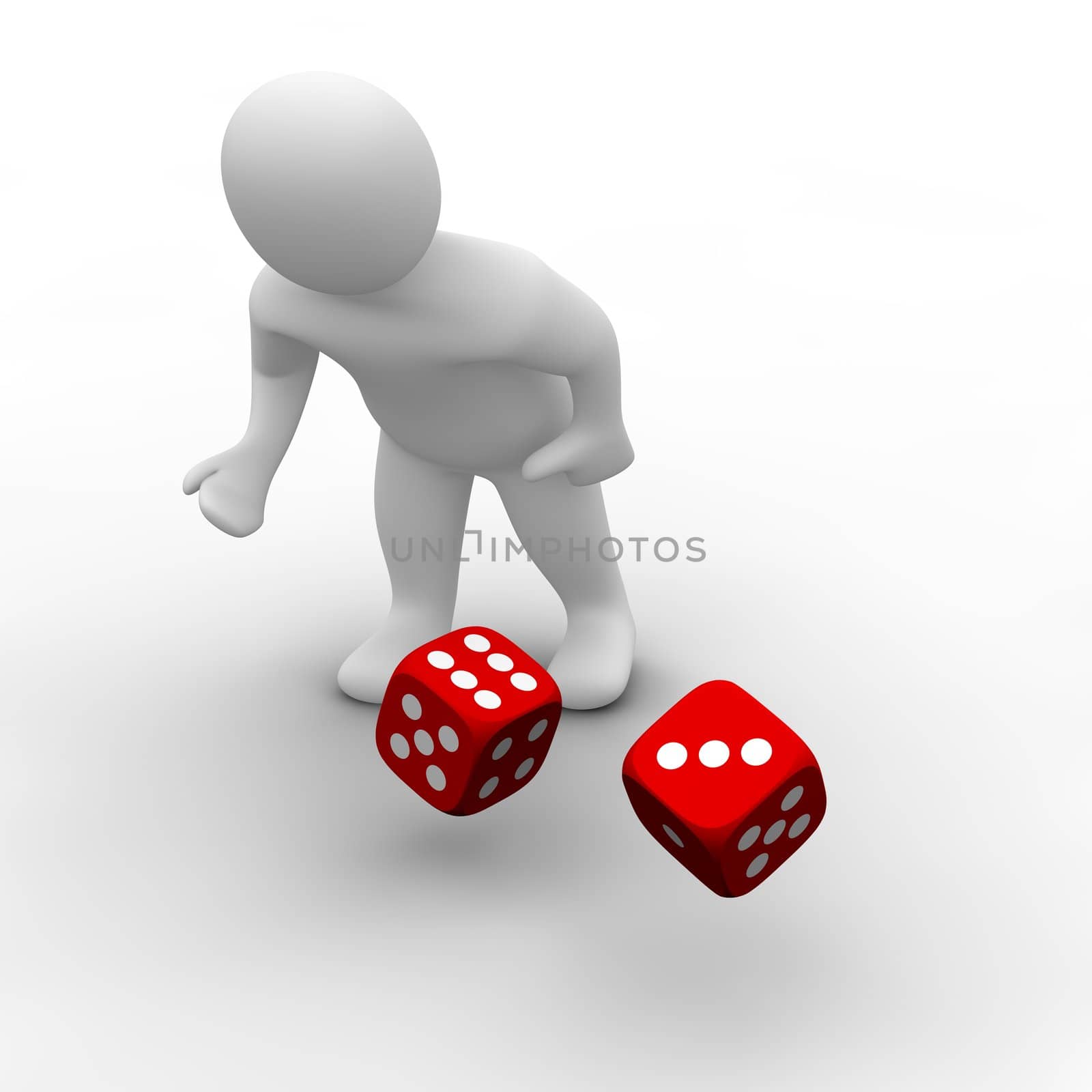Man throwing red dices. 3d rendered illustration.