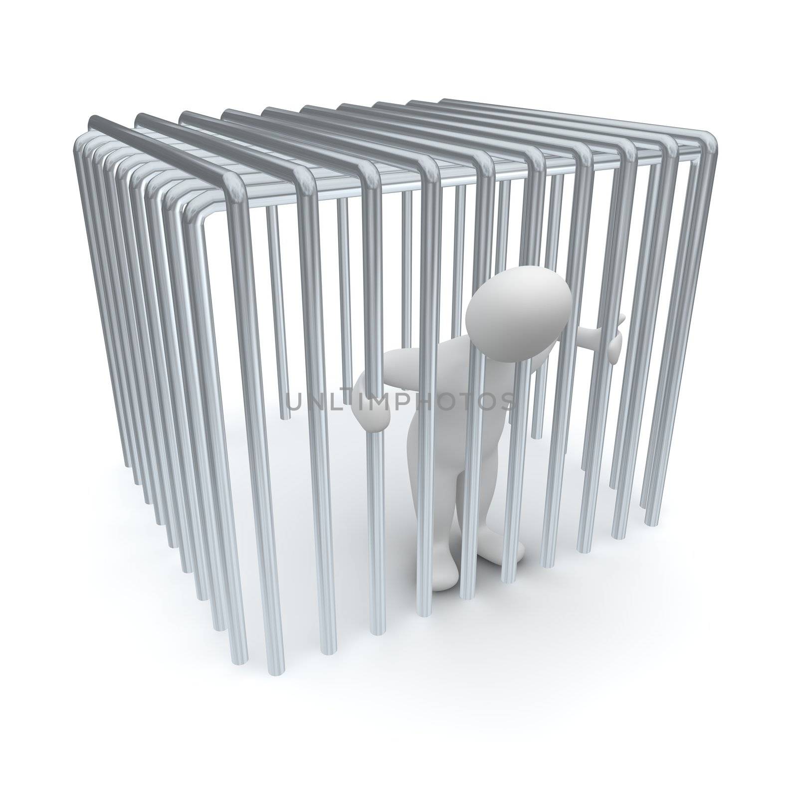 Jailed man in cage. 3d rendered illustration.