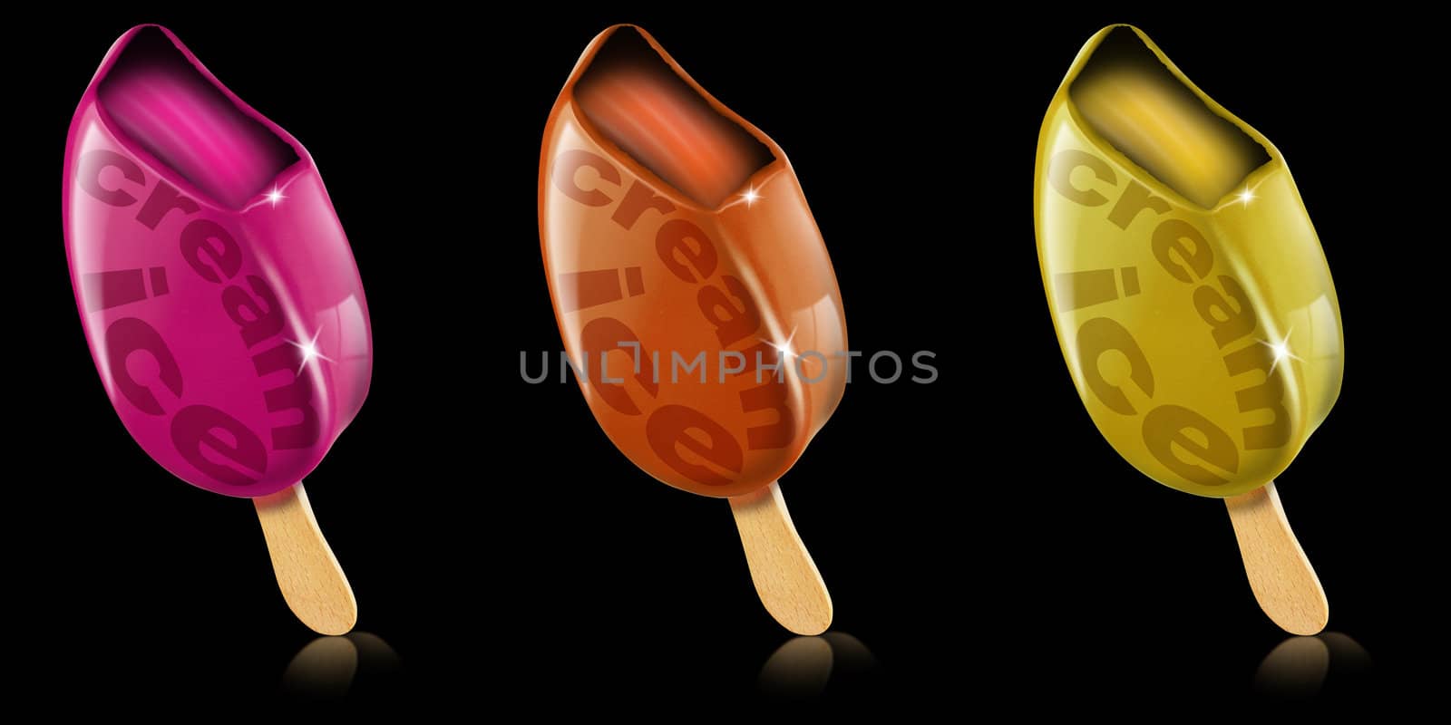 Three colored ice creams on a black background