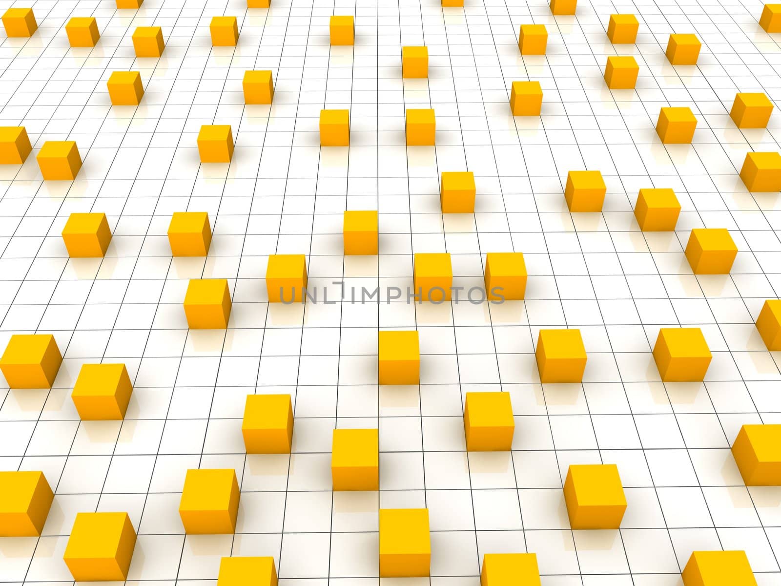 Orange cubes on the grid background. 3d rendered illustration.
