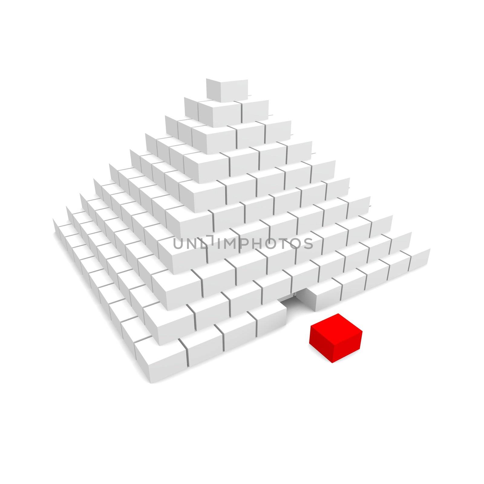 Pyramid with missing block. 3d rendered image.