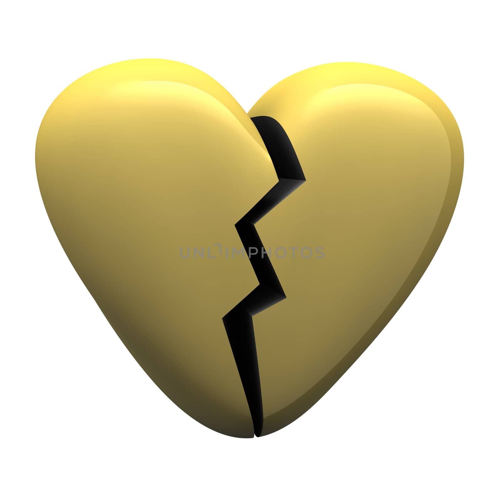 Gold glossy broken heart isolated on white. 3d rendered illustration.