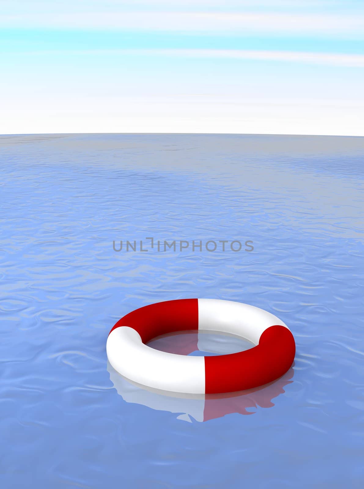 Life ring in ocean. 3d rendered illustration.