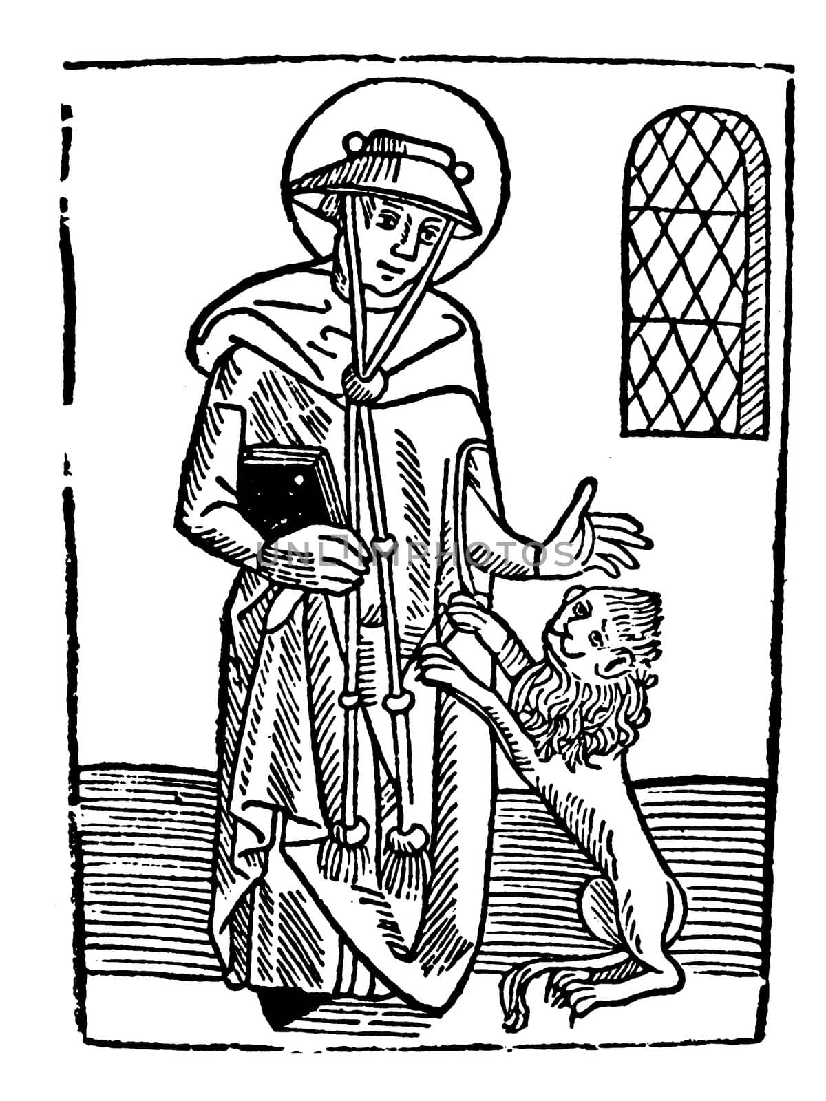 saint Jerome with the lion, ancient print woodcut