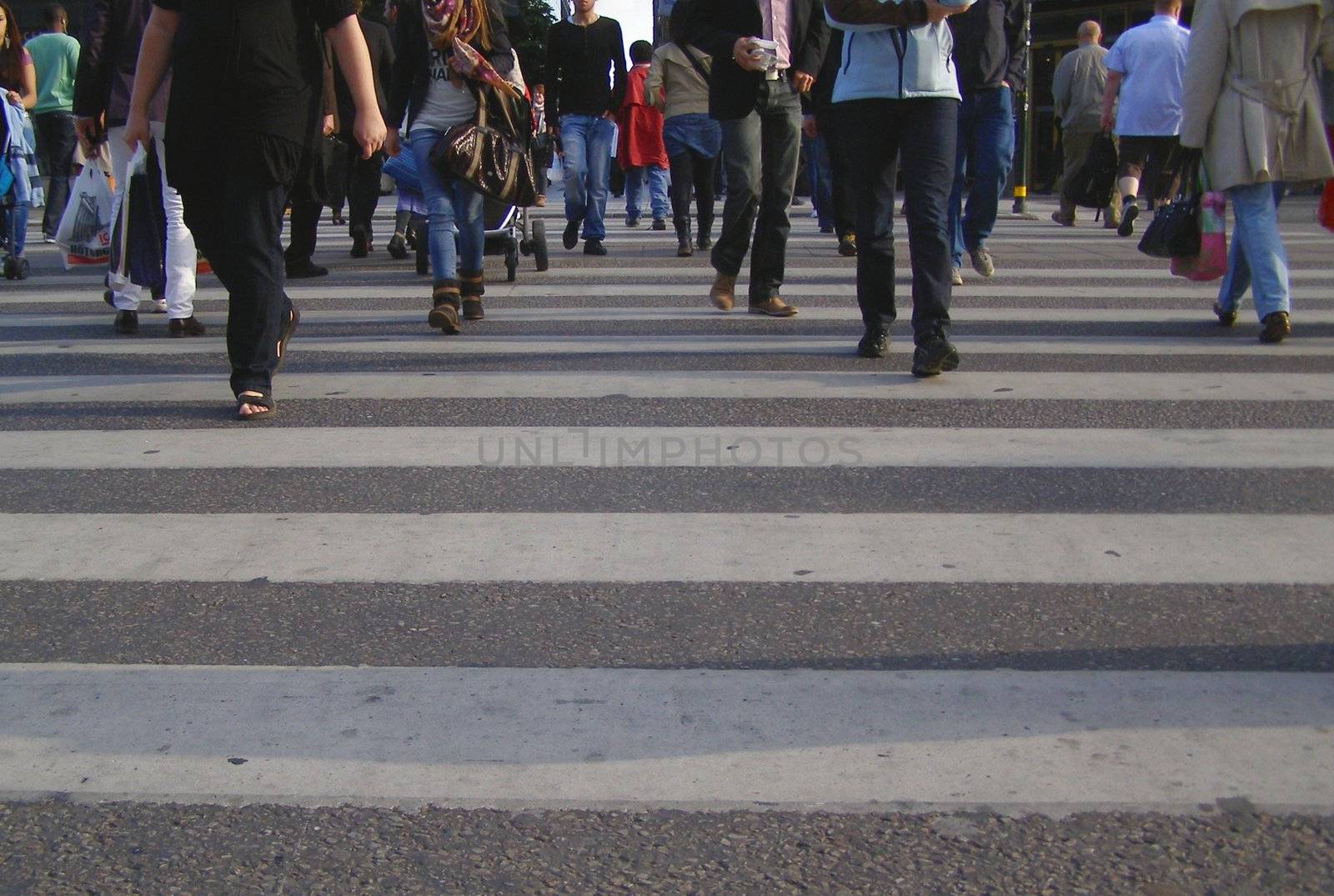 people crossing the street on a zebra crossing