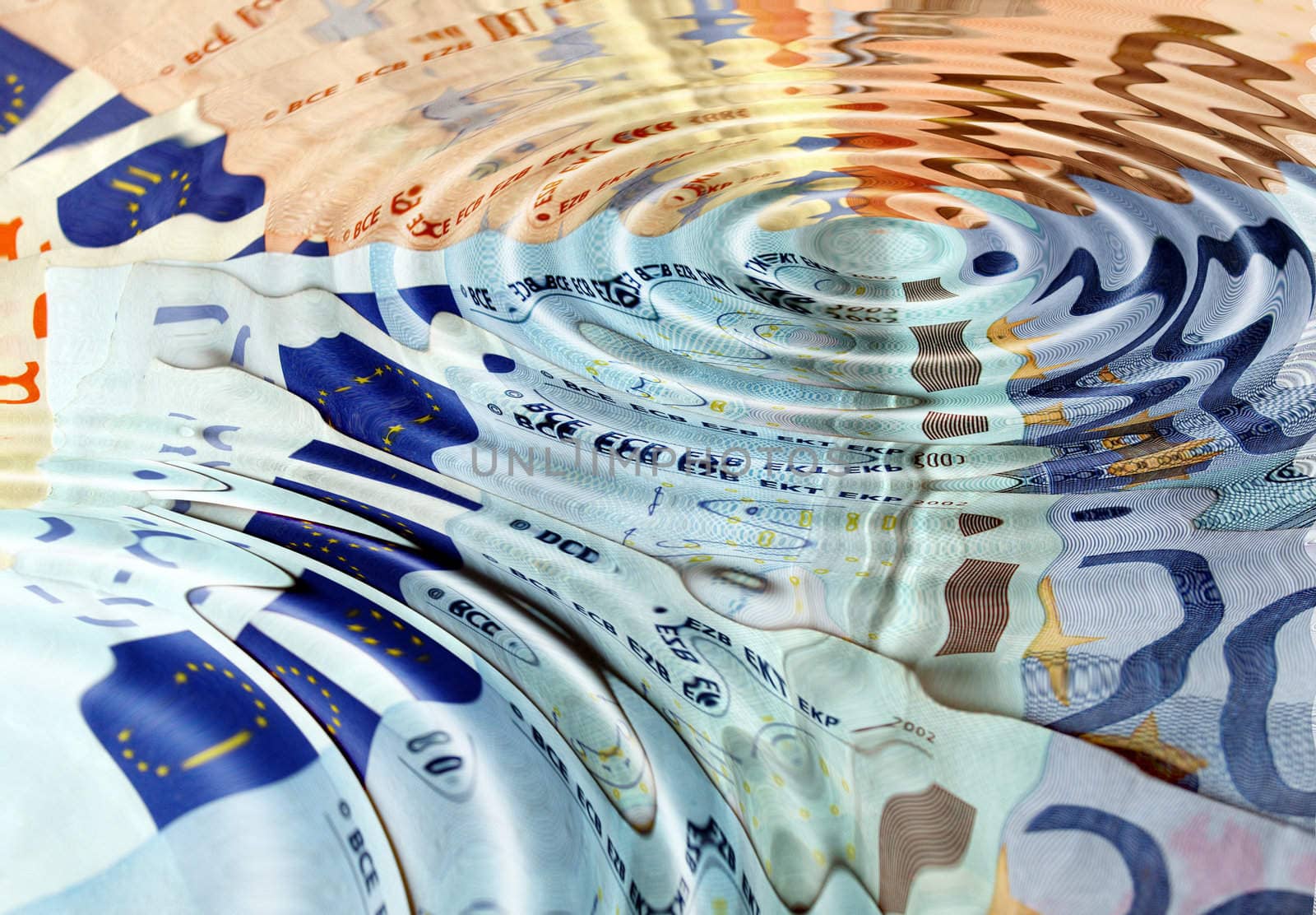 Euro banknotes underwater in a water pond