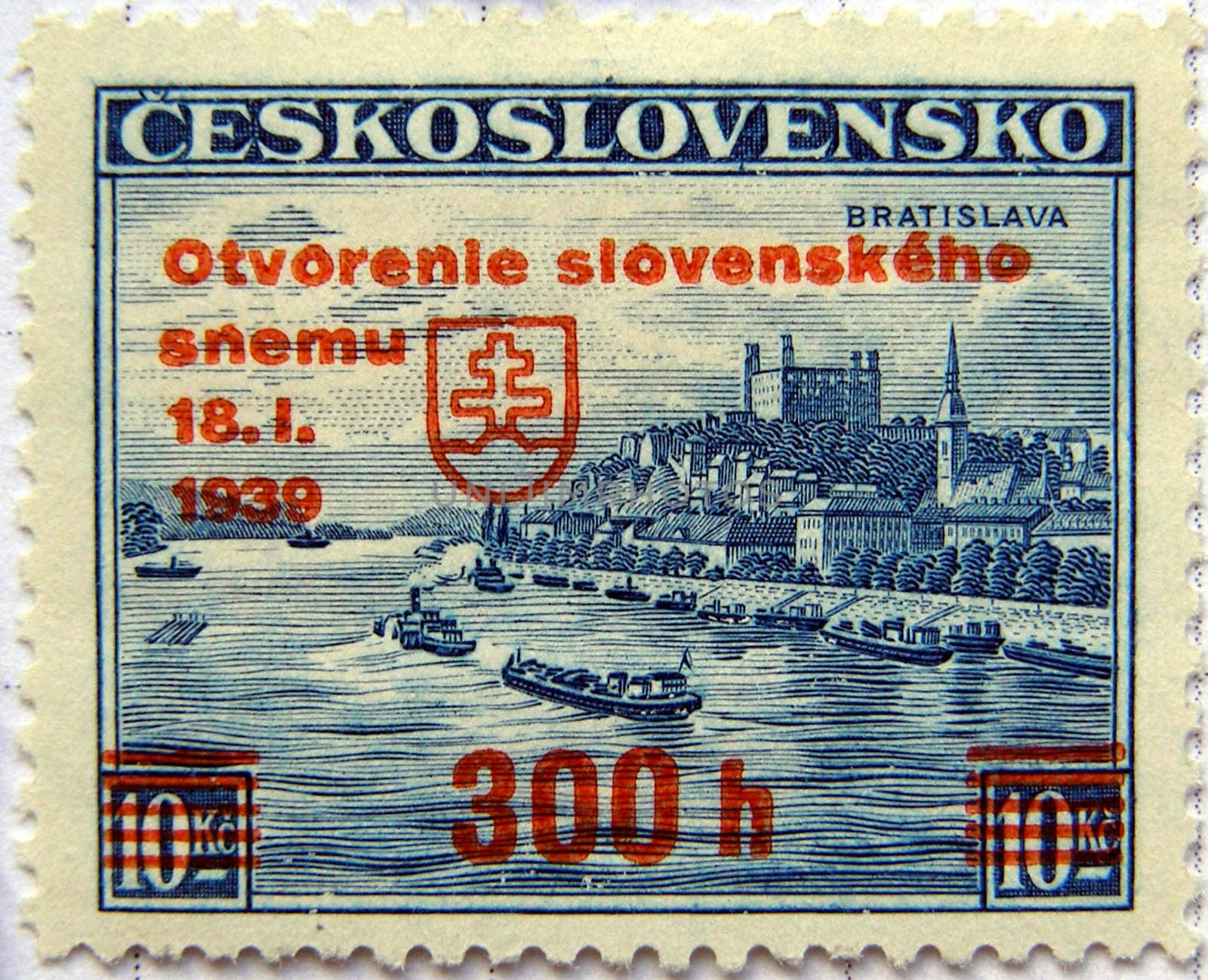 Czechoslovakian Republic mail postage stamp with Slovak independent Republic (January 1939) red ink label printed over it - very rare stamp