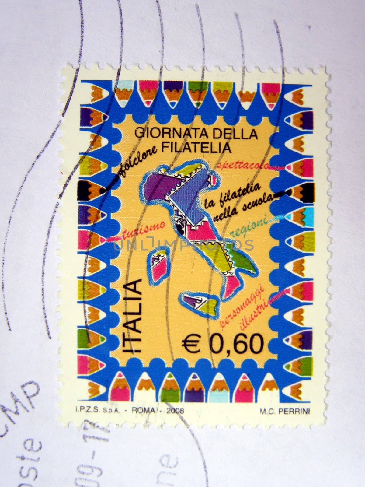 Italian stamp on letter envelope with postage meter