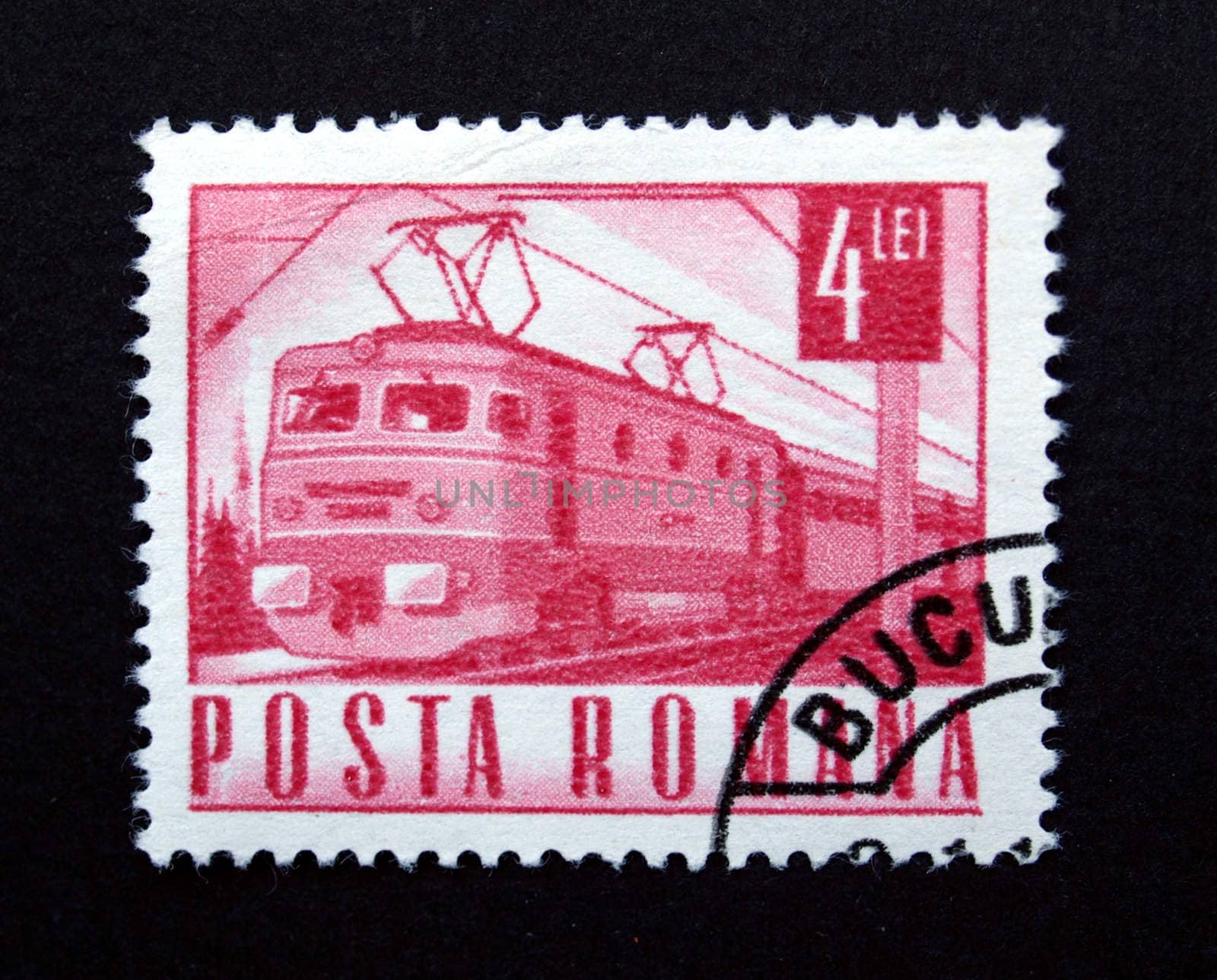 Romania stamp with train on black