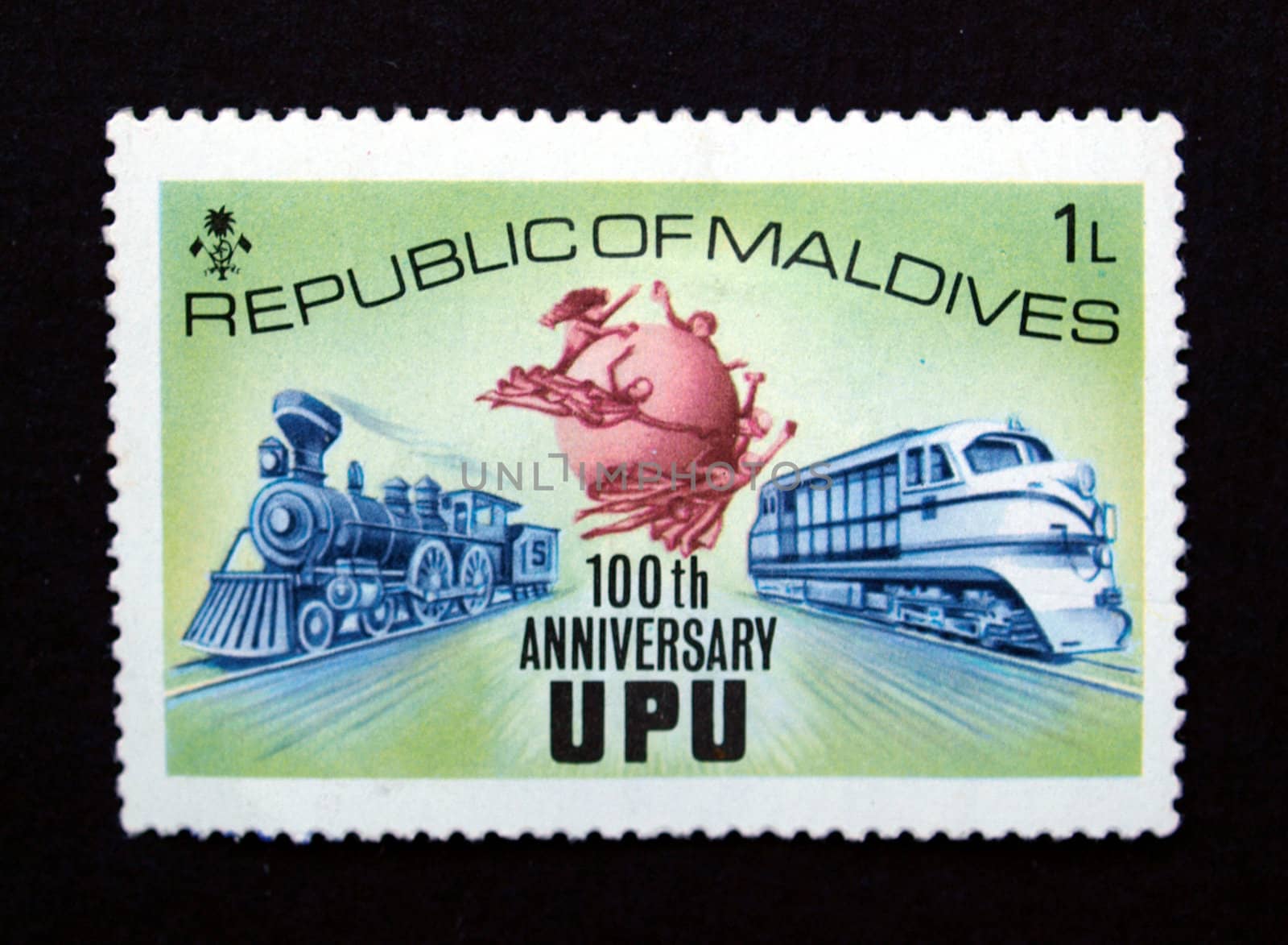 Maldives stamp with train on black