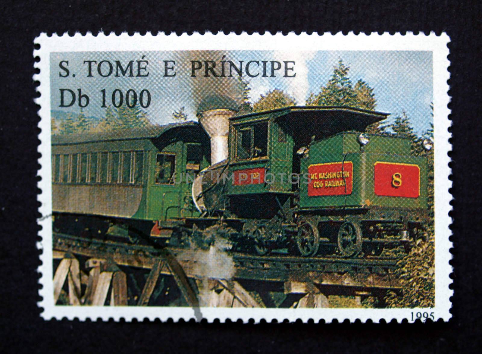 S Tome and Principe stamp with train on black