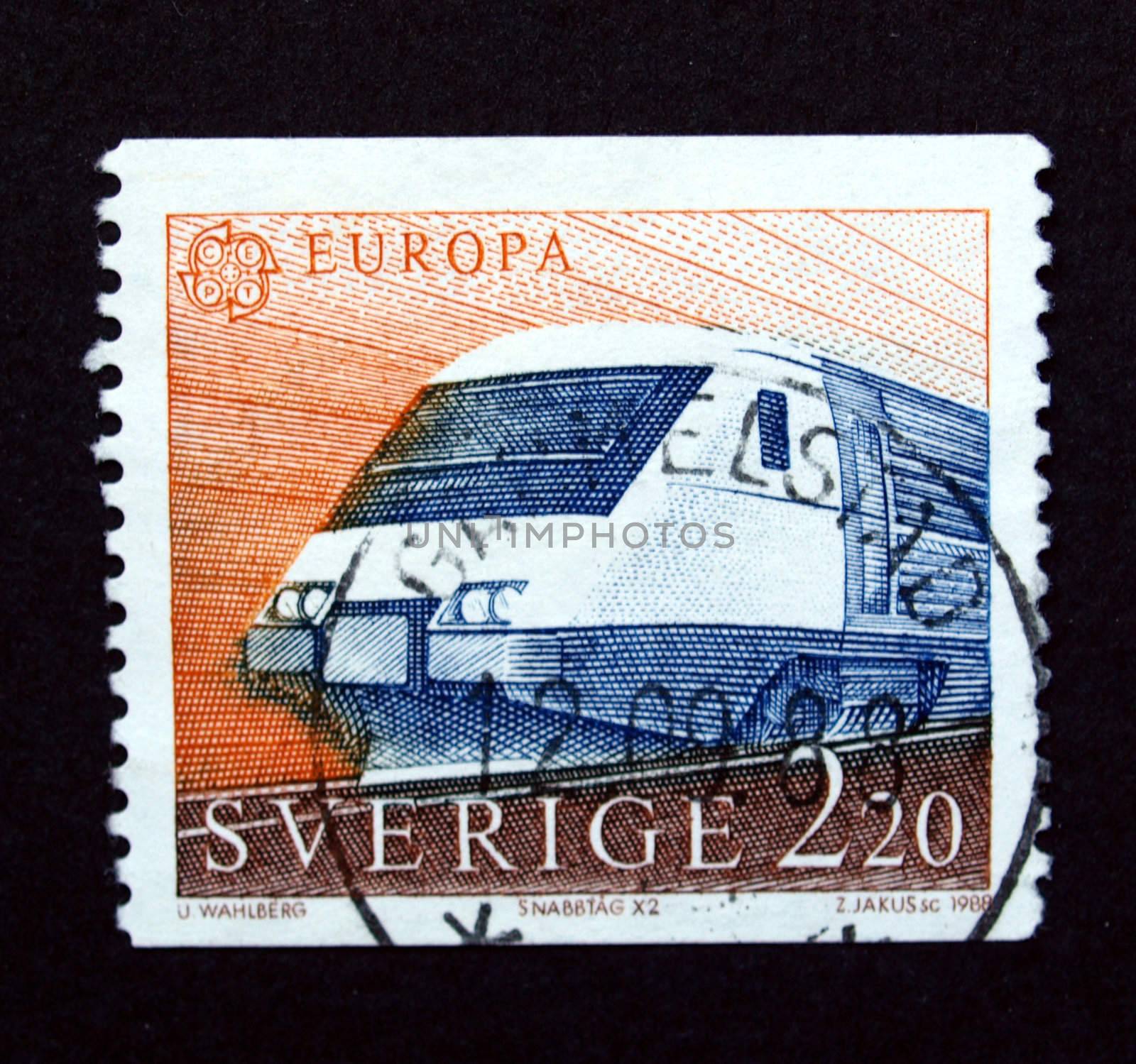 Sweden stamp with train on black