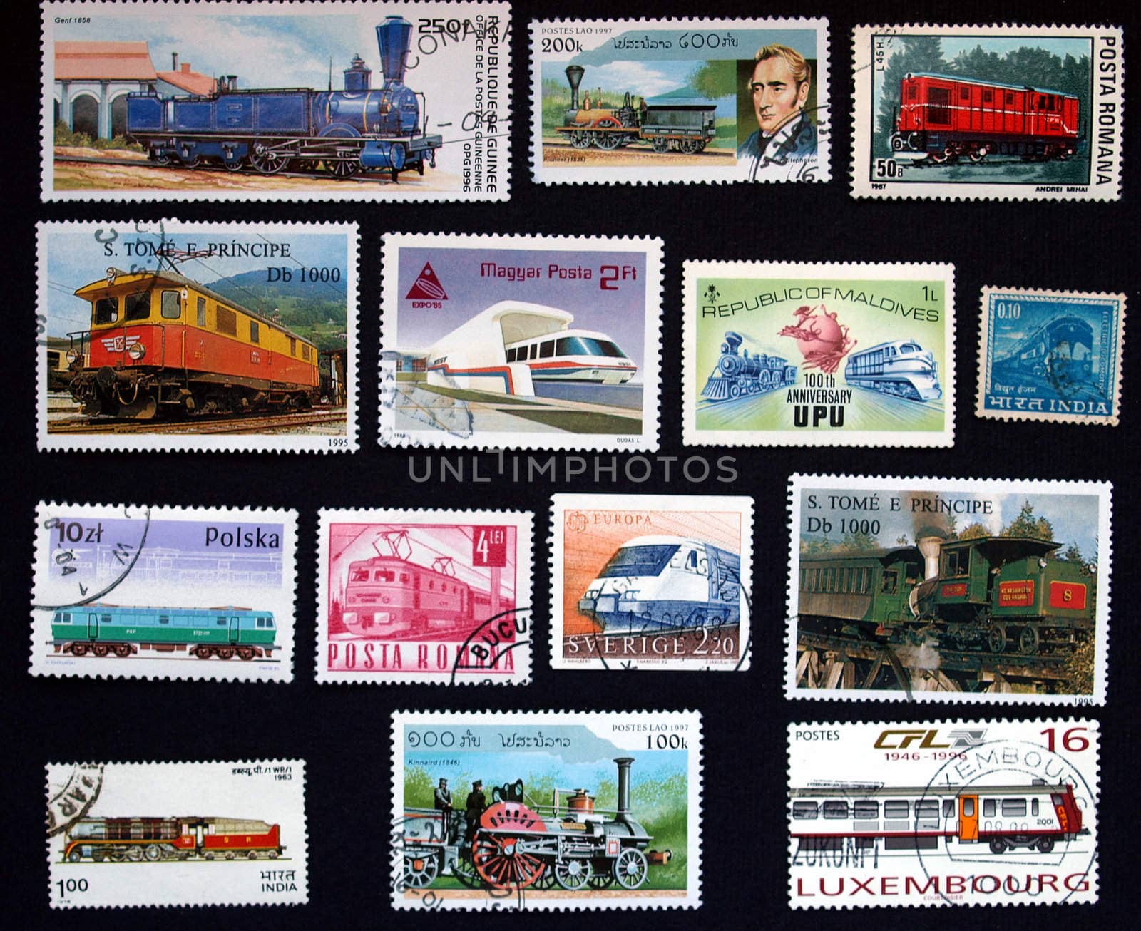 Stamps with train from Hungary, Maldives, India, Guinea, Polonia, Romania, Sweden etc