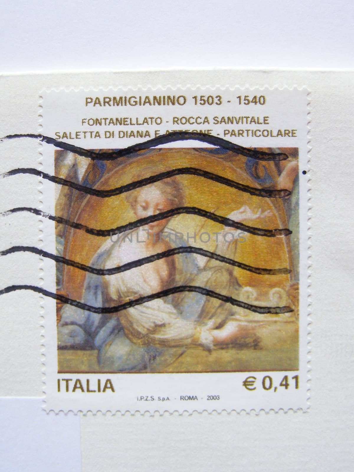mail stamp from Italy with Parmigianino painting on it