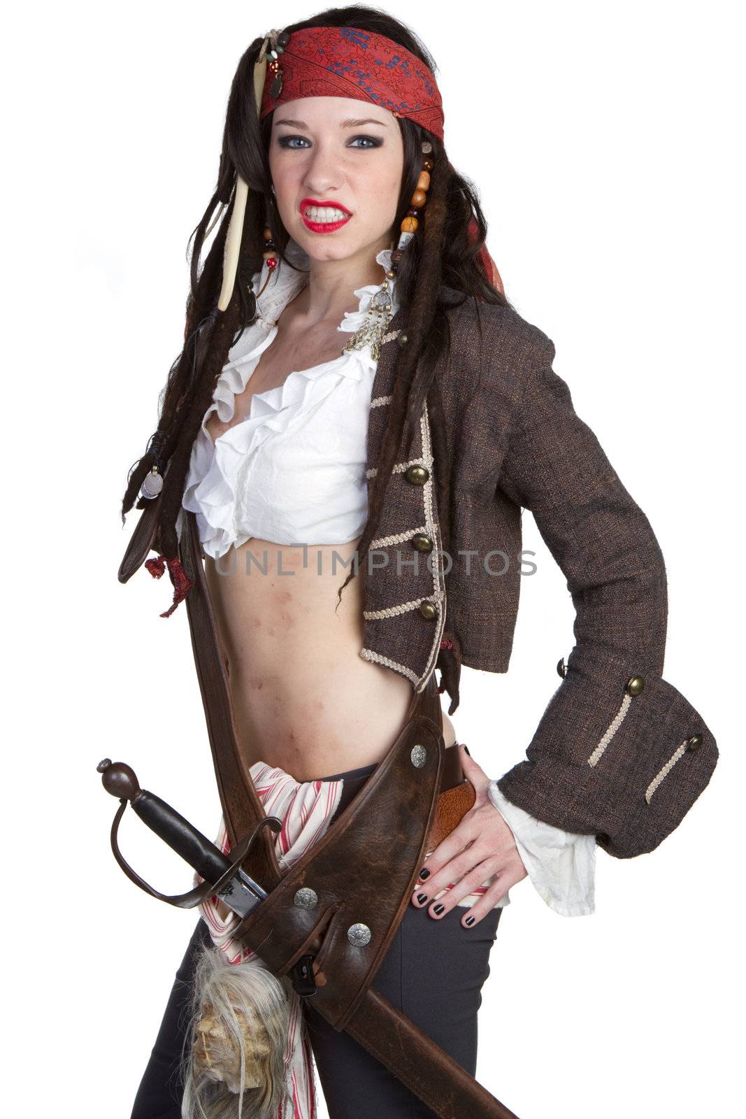 Woman wearing pirate halloween costume