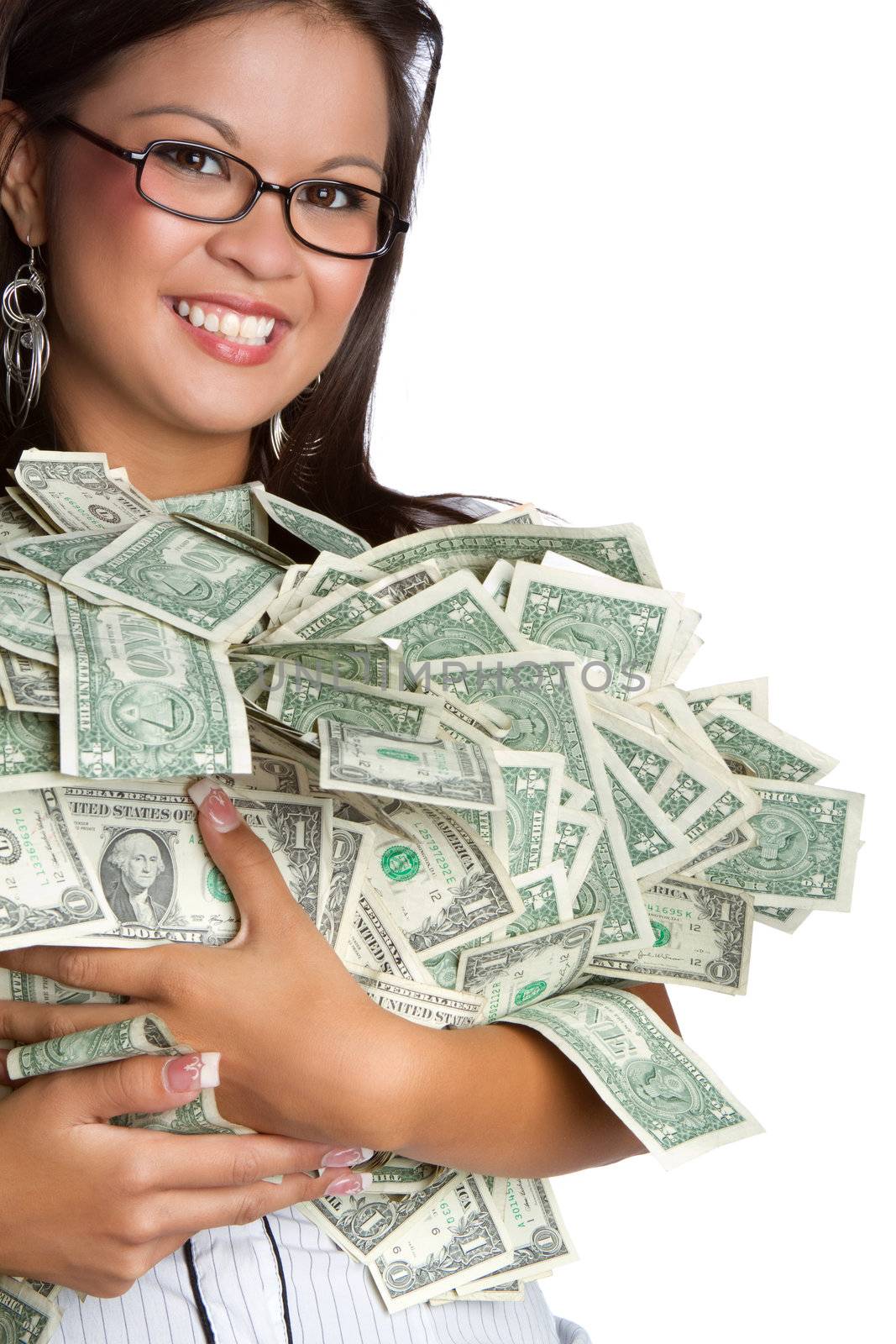 Smiling asian woman holding money