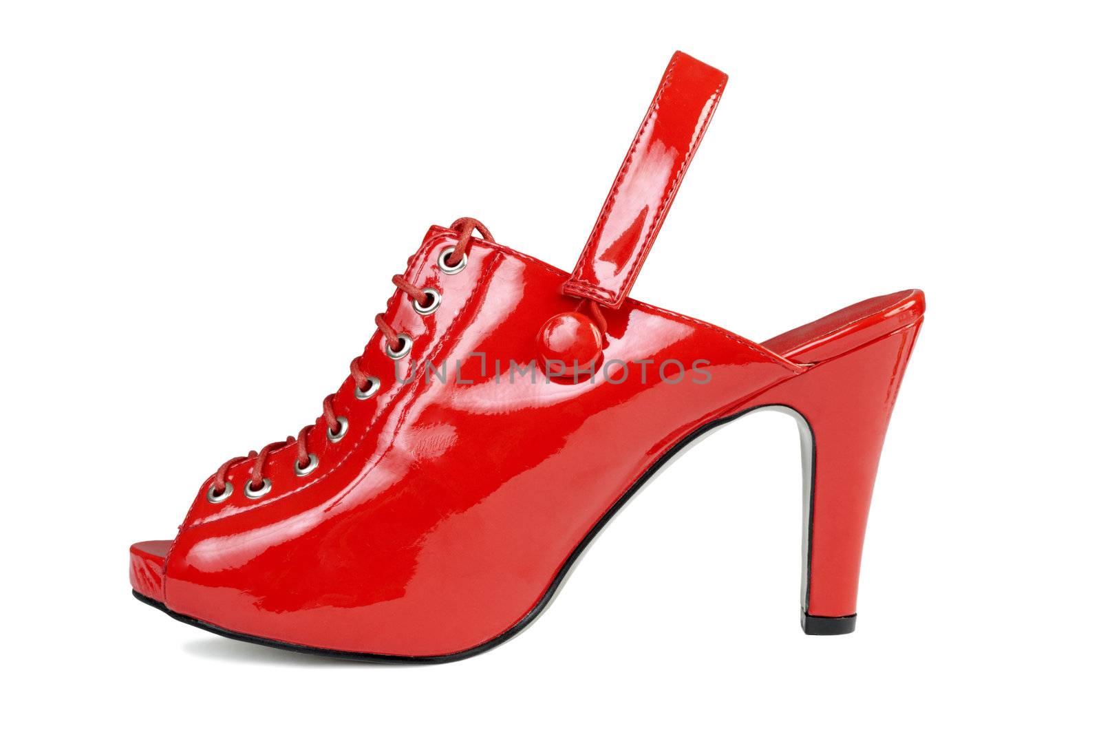 Red sexy female shoe on high heel. Isolated on white background